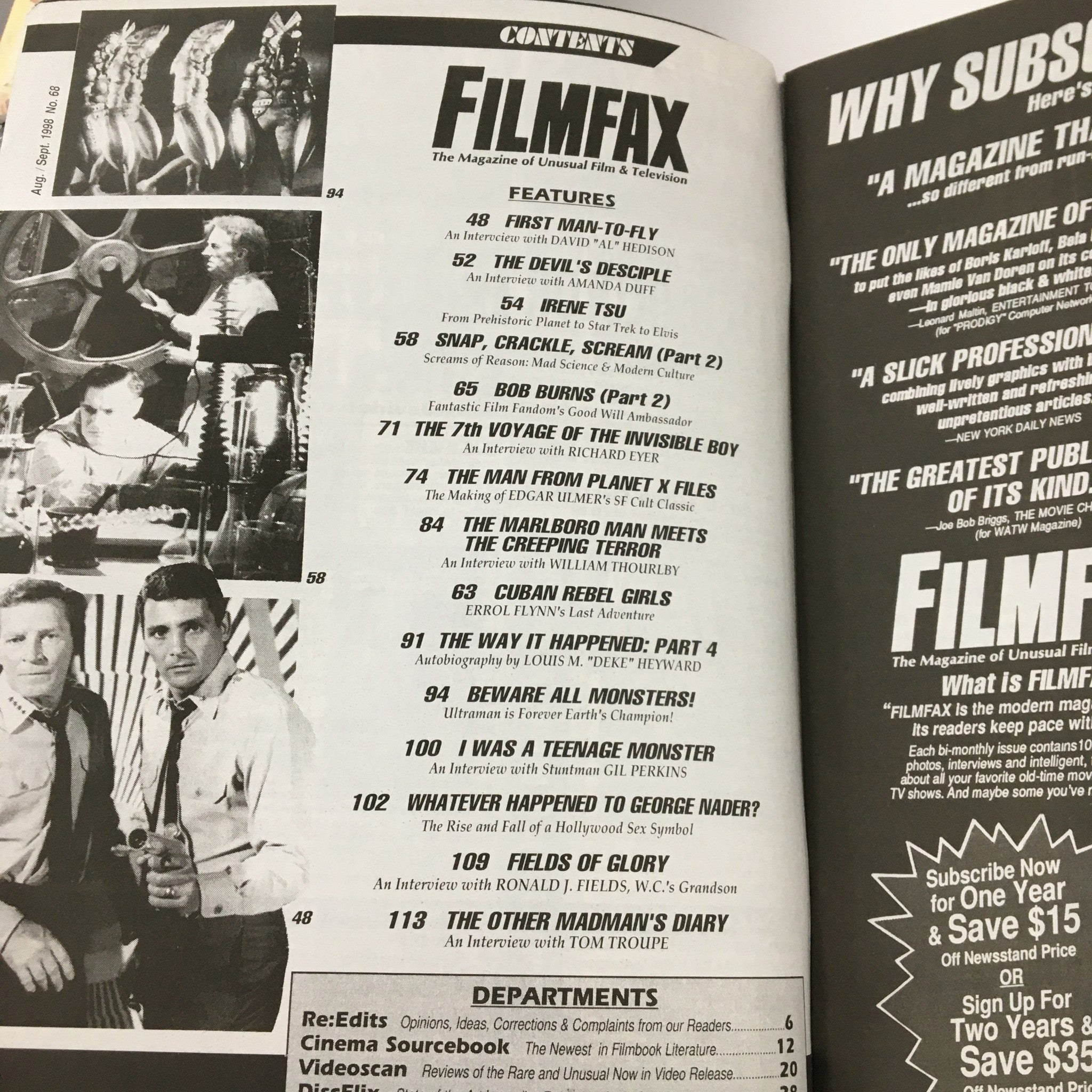 Contents page of Ultra Filmfax Magazine August 1988 No. 68 featuring articles on The Man from Planet Planet X and interviews with notable personalities in film and television, capturing the essence of 1980s pop culture.