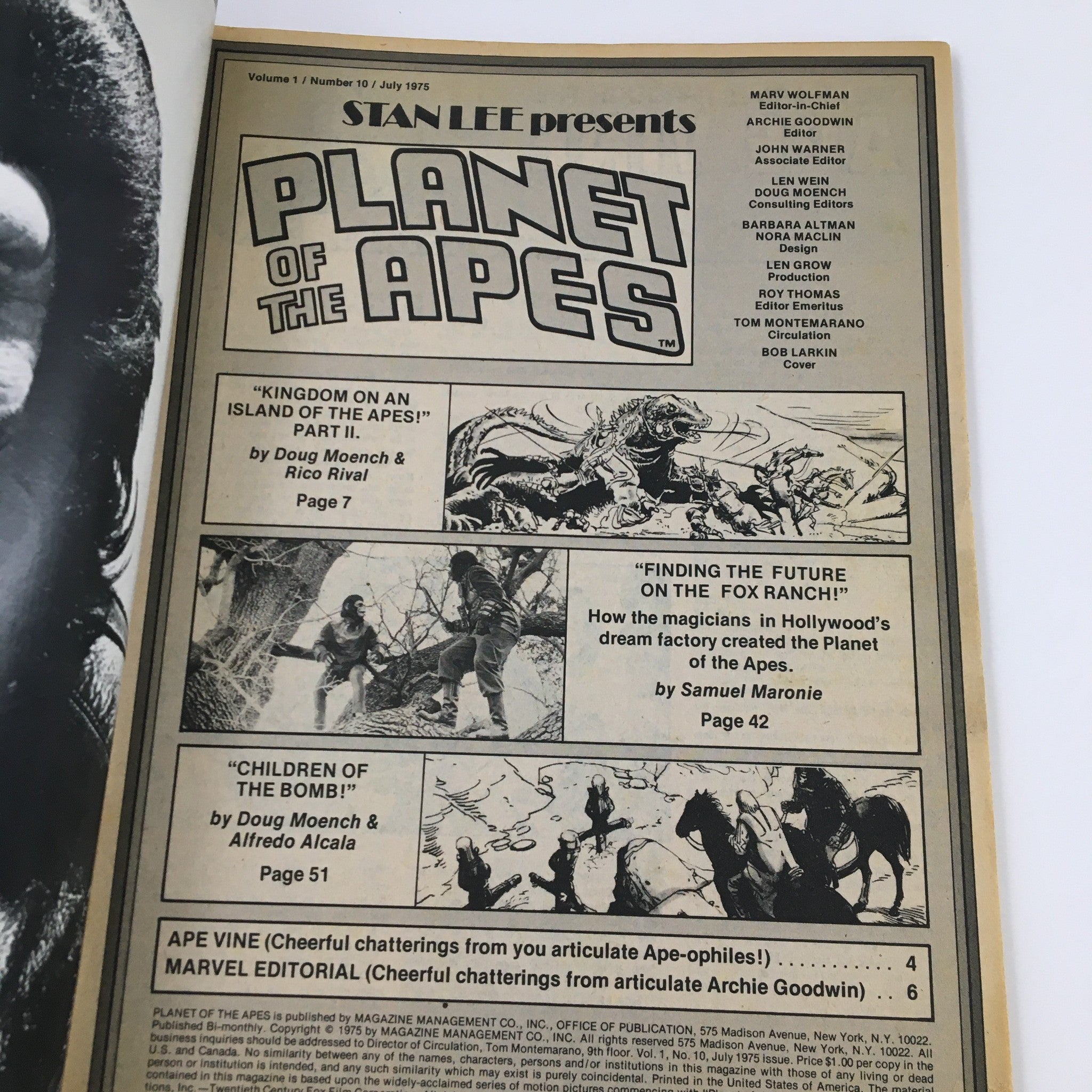 Stan Lee's Planet of the Apes Vol. 1 No. 10 July 1975 cover page featuring the title and article previews including 'Kingdom on an Island of the Apes!' and 'Finding the Future on the Fox Ranch!'