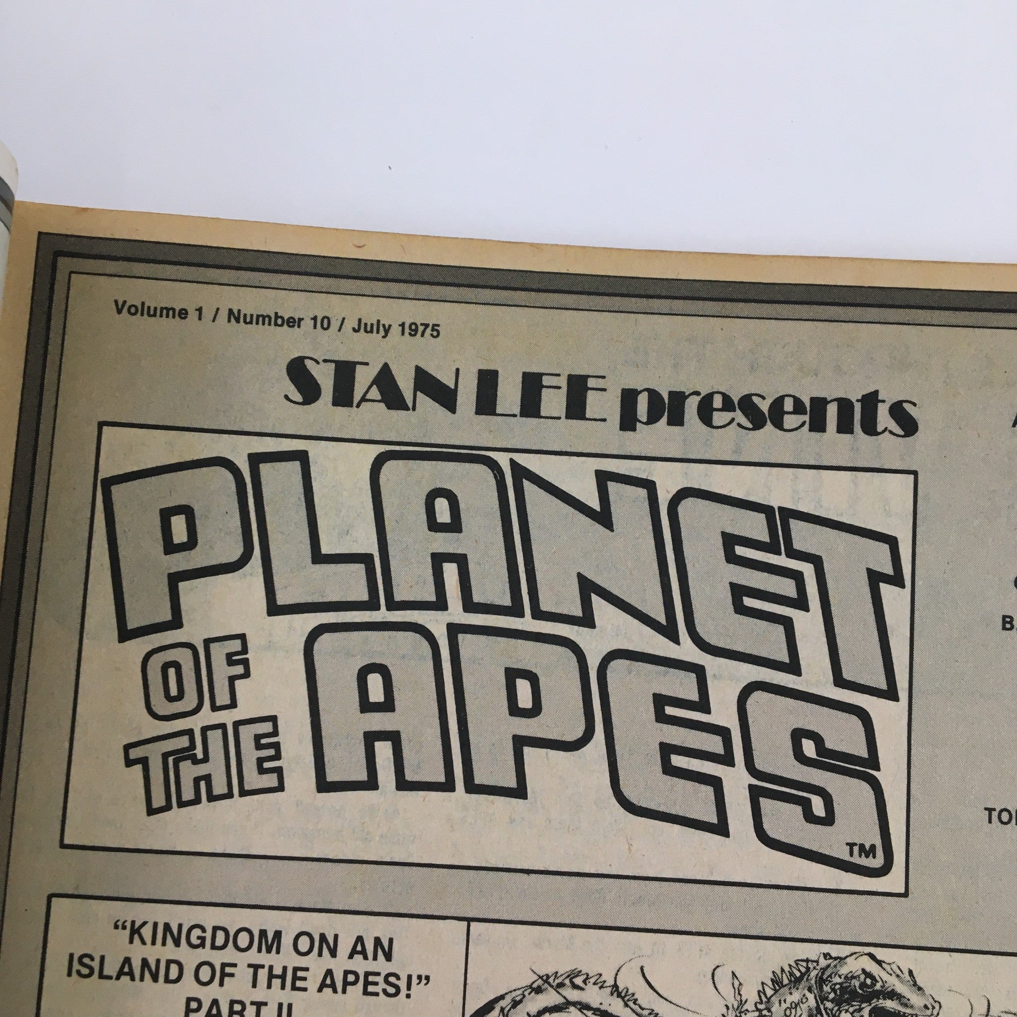 Stan Lee's Planet of the Apes Vol. 1 No. 10 July 1975 cover highlighting the iconic title 'Planet of the Apes' with featured segments and editorial details.