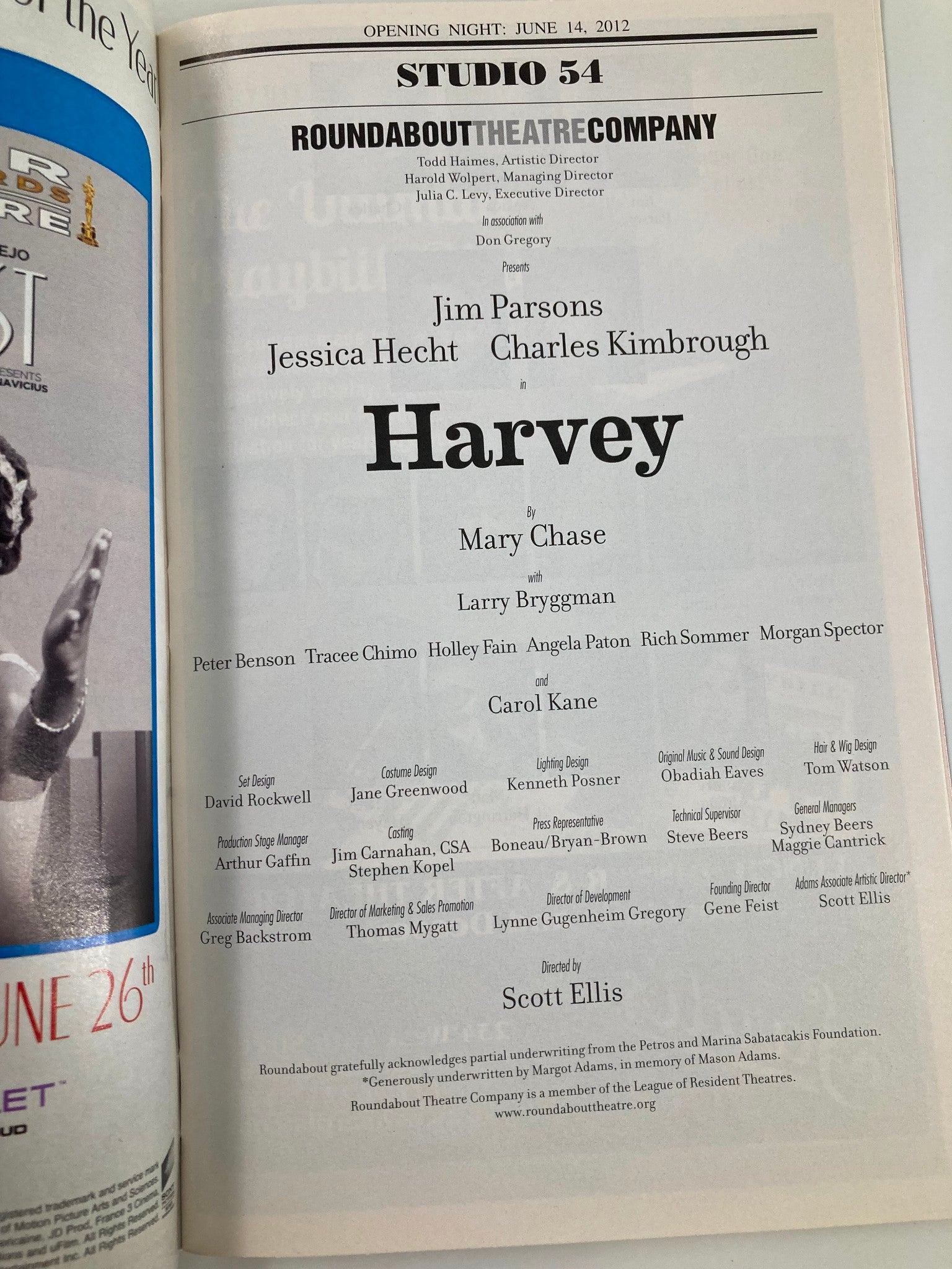 2012 Playbill Studio 54 Jim Parsons, Jessica Hecht in Harvey by Mary Chase