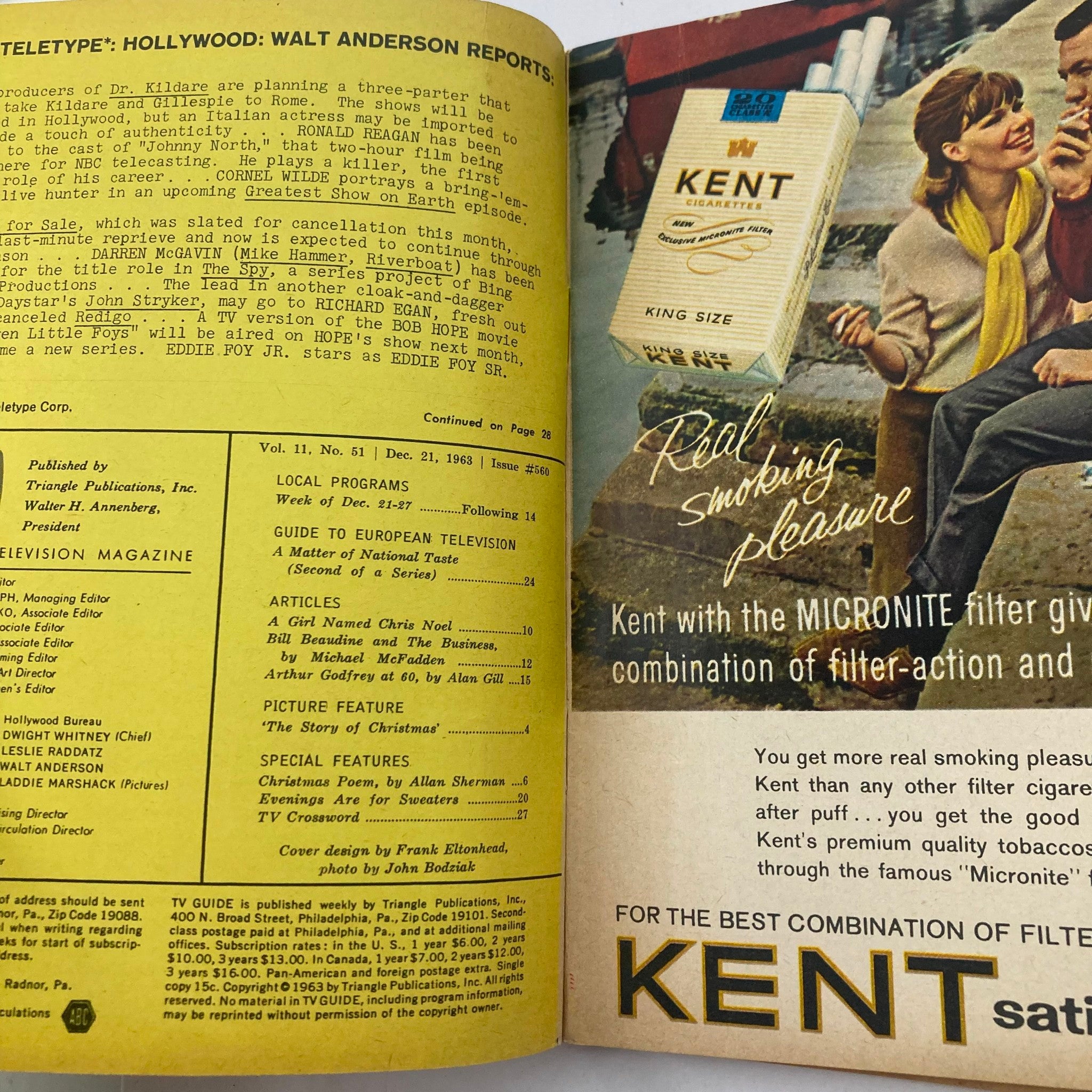 Inside page of TV Guide Magazine December 21 1963 #560 featuring advertisements and local program listings along with articles about television shows.