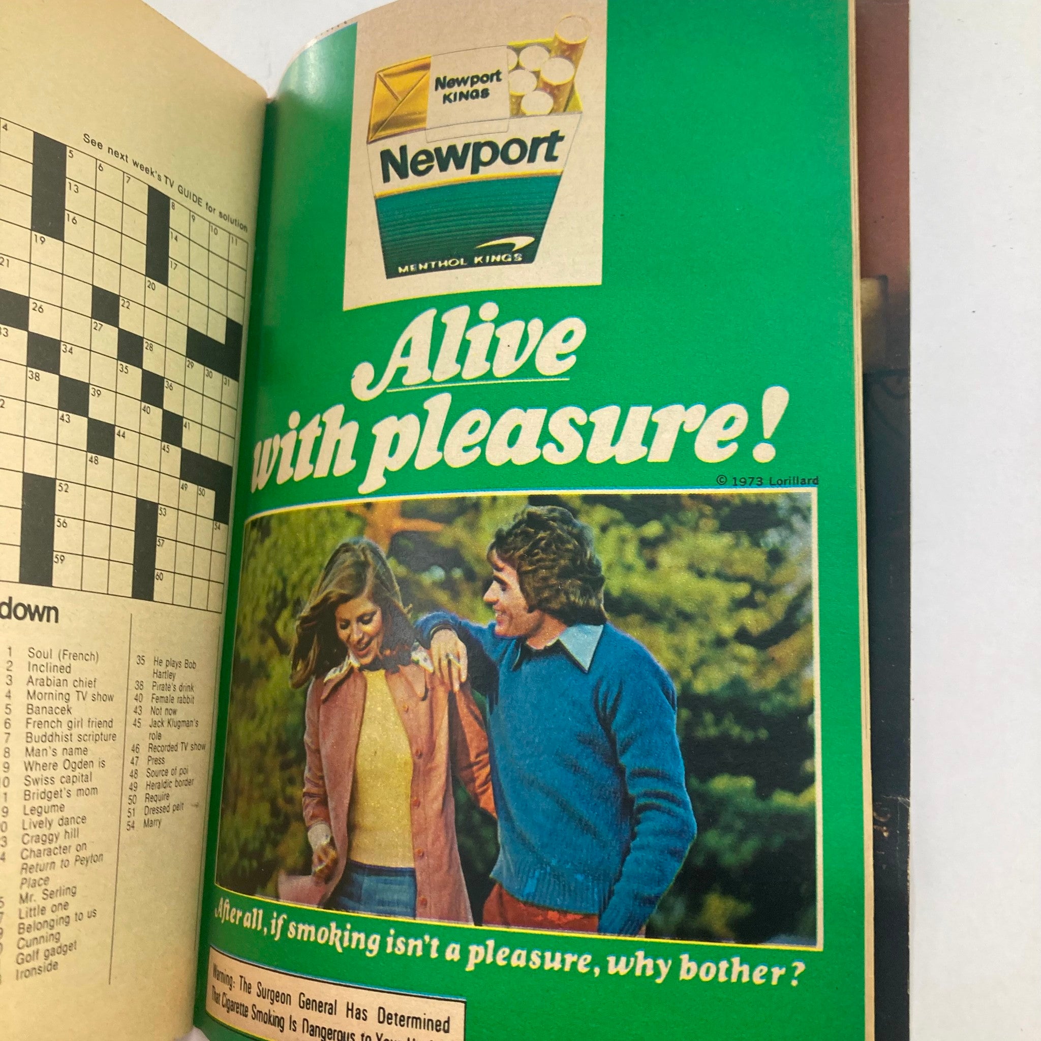 Another inside page of TV Guide Magazine March 31, 1973, issue #544 displaying an advertisement for Newport Kings cigarettes, depicting a couple enjoying the outdoors, evoking the lifestyle and marketing strategies of that era.