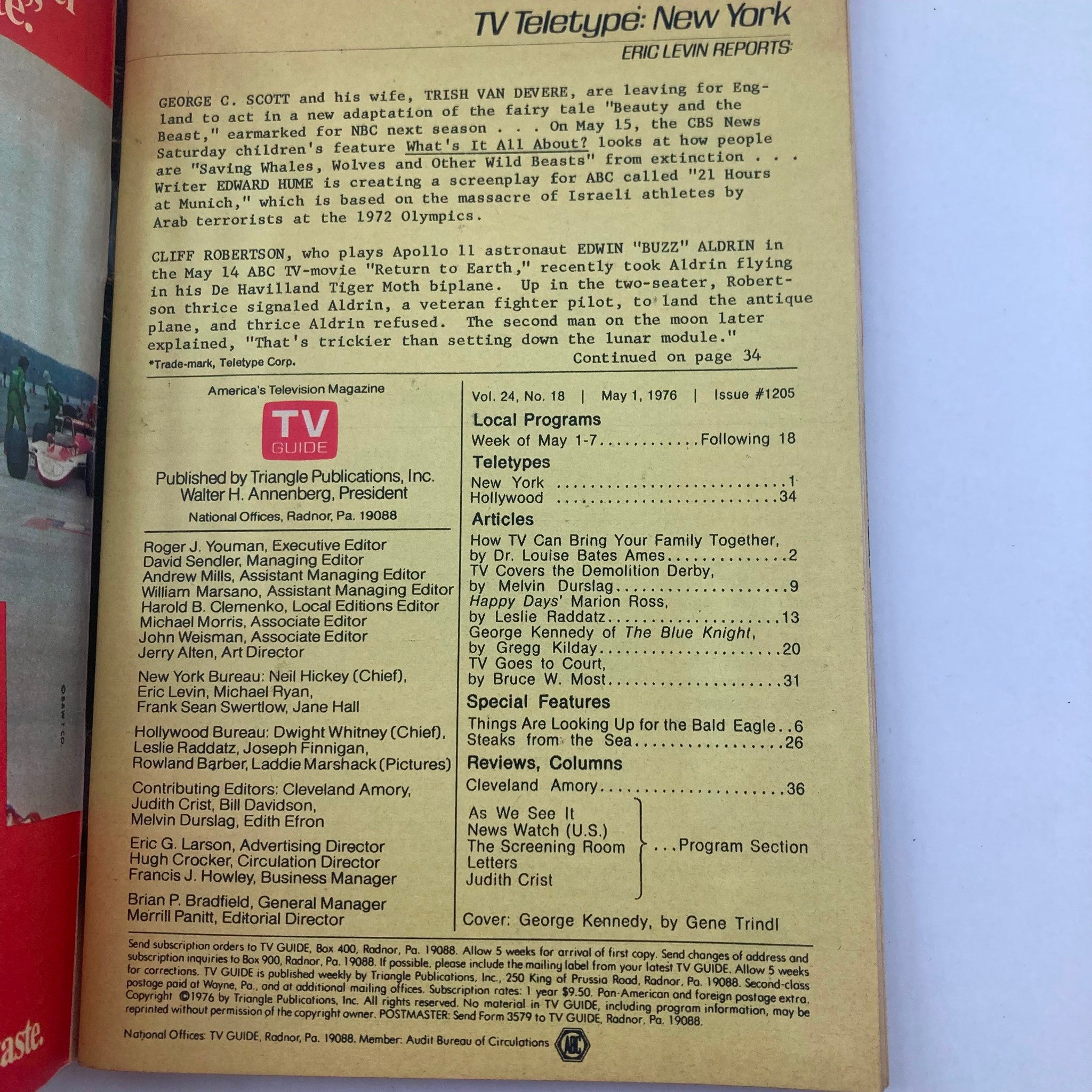 Inside page of TV Guide Magazine May 1 1976 #1205 with details on the articles, editors, and the upcoming television programs.