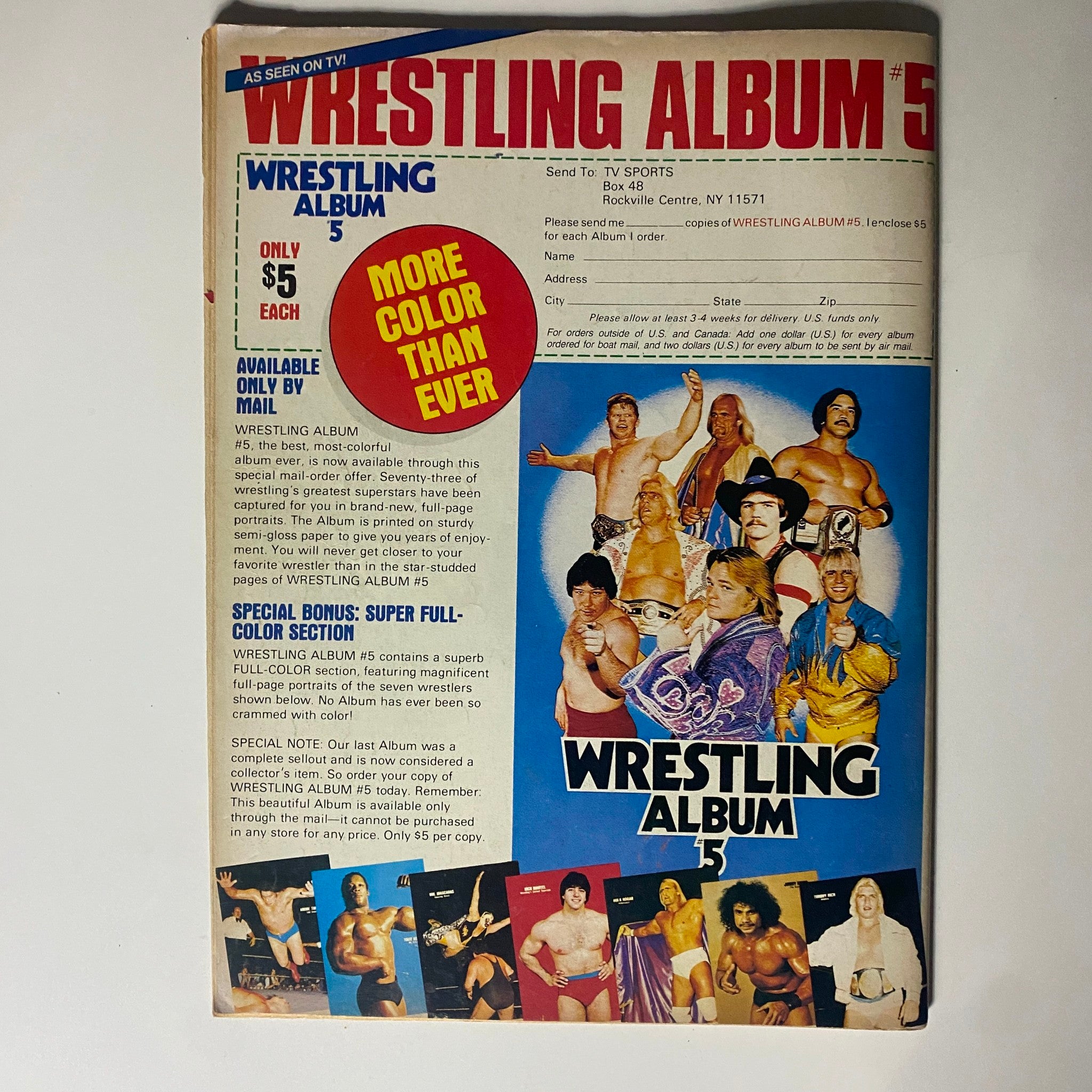 Wrestling Album 5 promotional page featuring colorful cover, details on wrestling superstars and ordering information, representing wrestling nostalgia and collectible memorabilia.