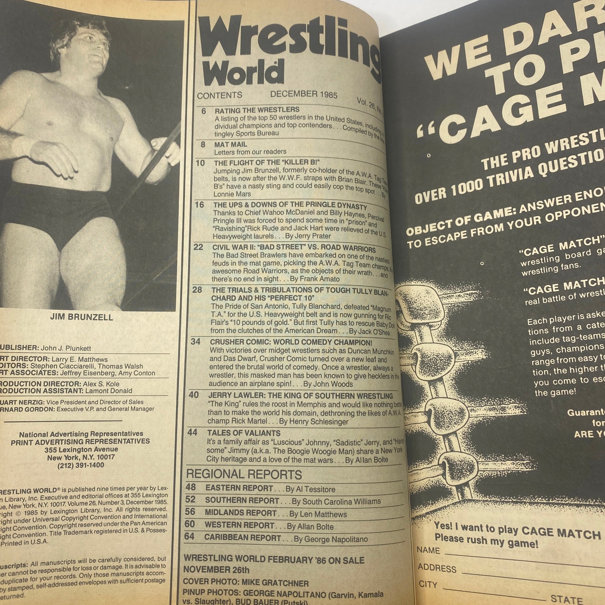 Interior of the Vintage Wrestling World Magazine December 1985 showing contents pages, including articles about Jim Brunzell and the Road Warriors vs Freebirds match.