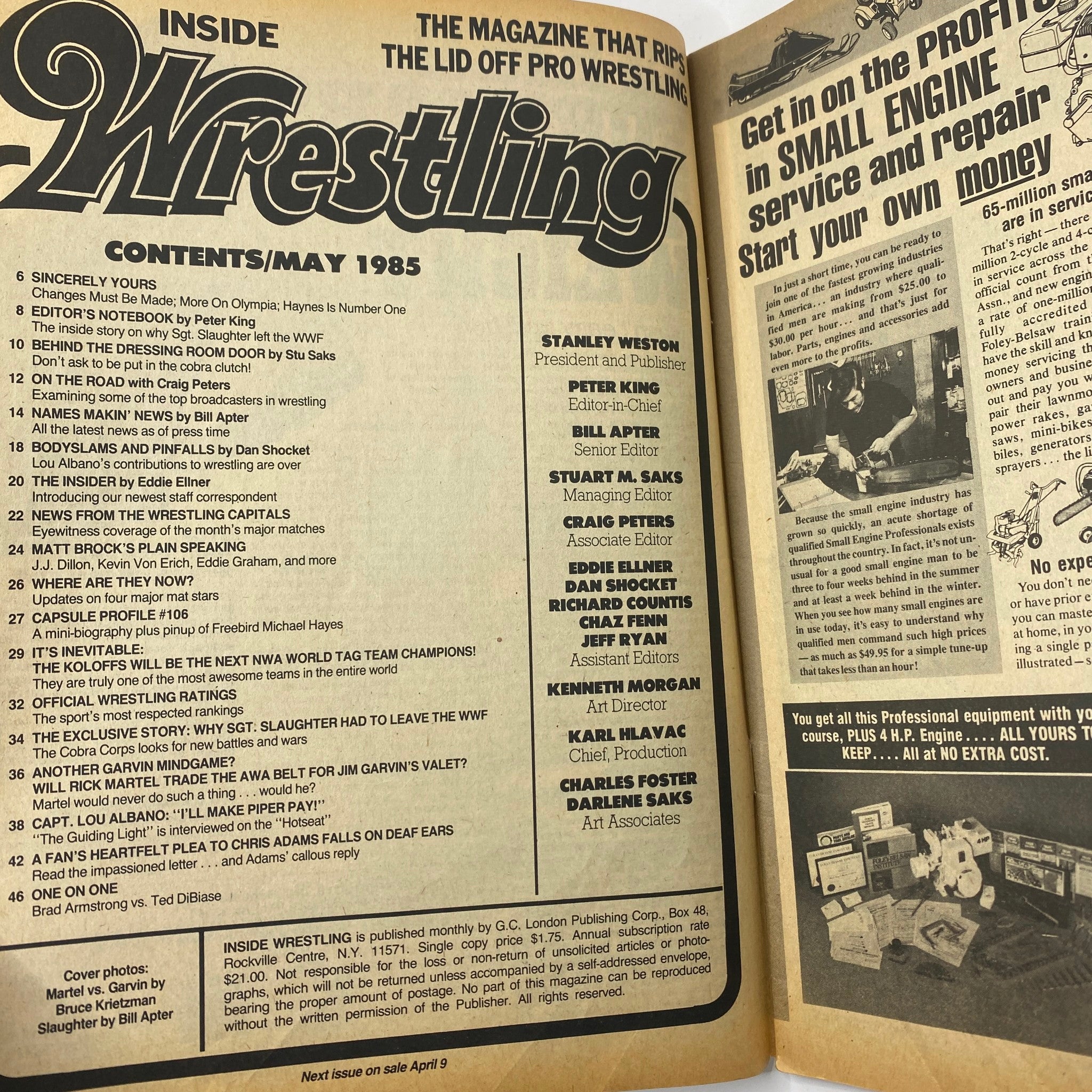 Inside Wrestling Magazine May 1985 contents page featuring articles and editor details related to professional wrestling, highlighting the rivalry of Rick Martel vs Jimmy Garvin.