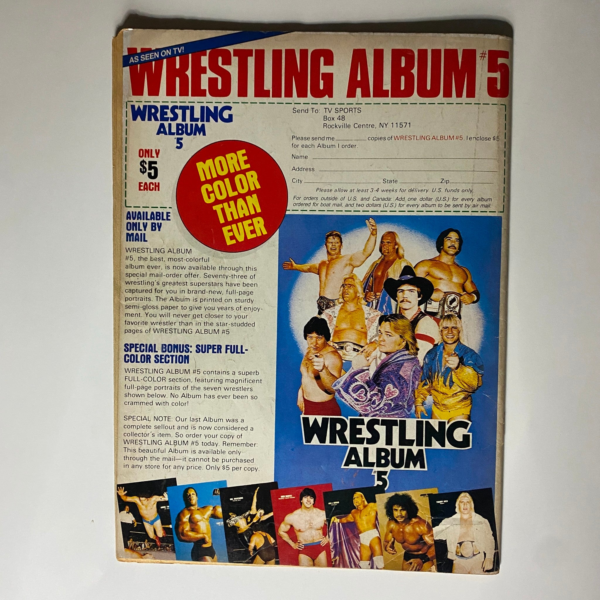 Cover of Wrestling Album #5 showcasing a colorful design and promotional details, includes images of wrestlers and information on purchasing the album.