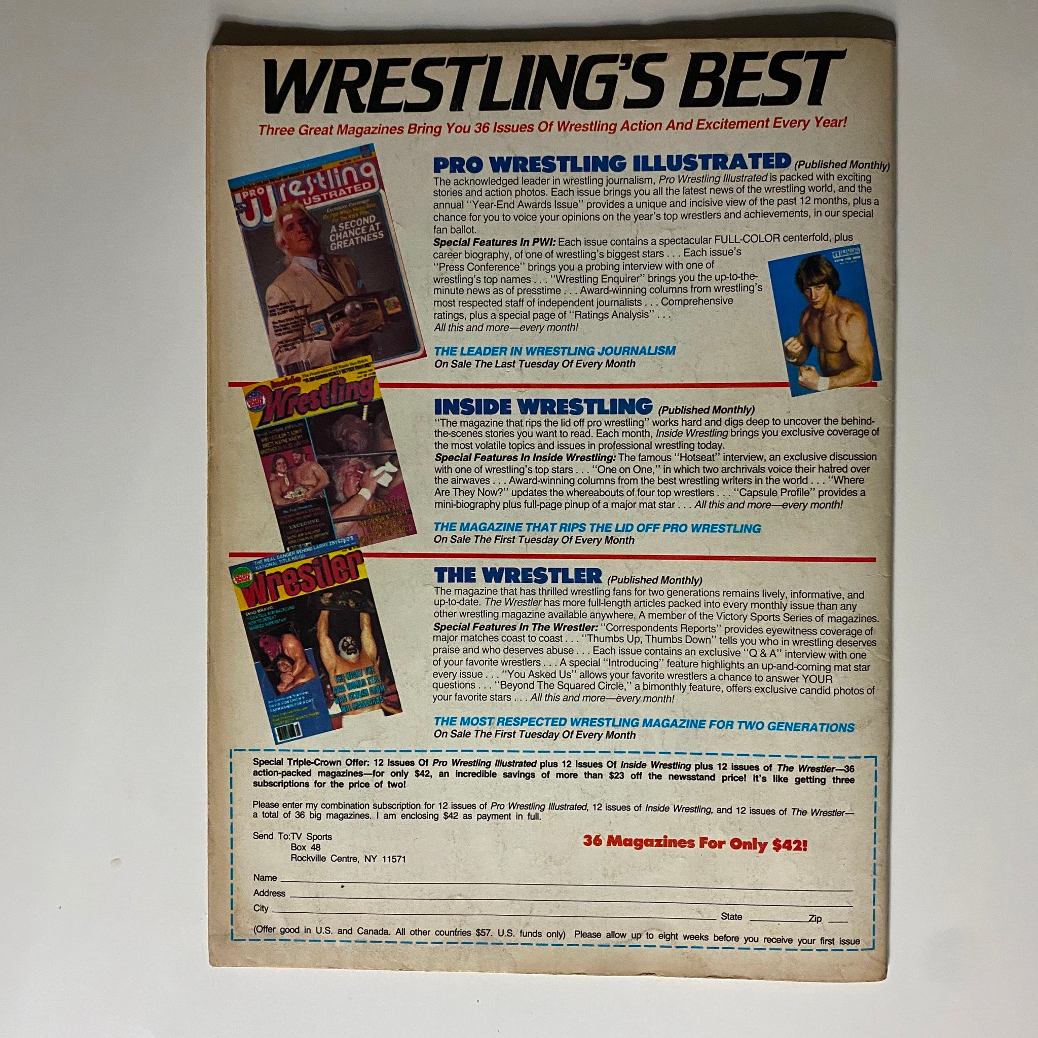 Back cover of Inside Wrestling Magazine November 1985 promoting subscription offers and details about wrestling magazines, emphasizing the collection of Inside Wrestling.
