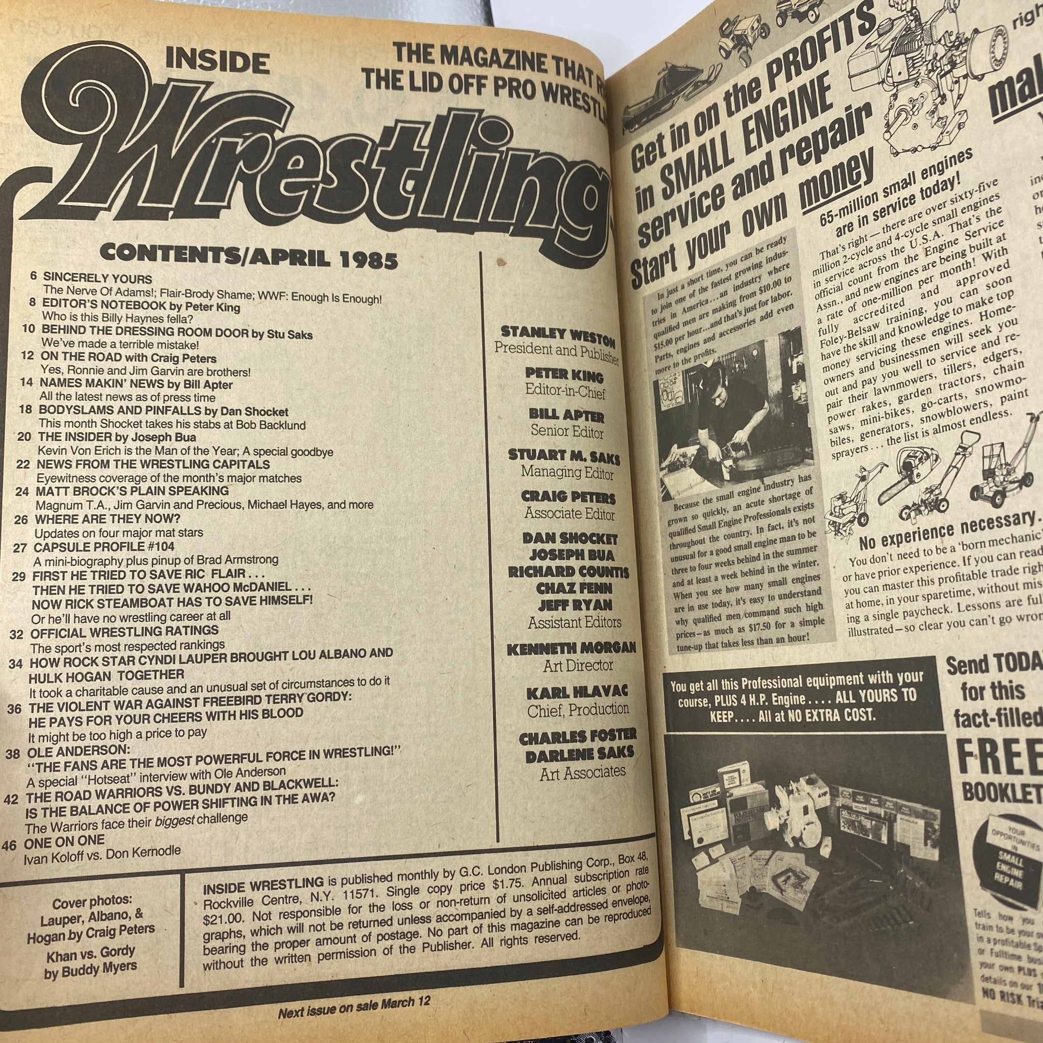 Contents page of Inside Wrestling Magazine April 1985 detailing articles and features on wrestling personalities and events.