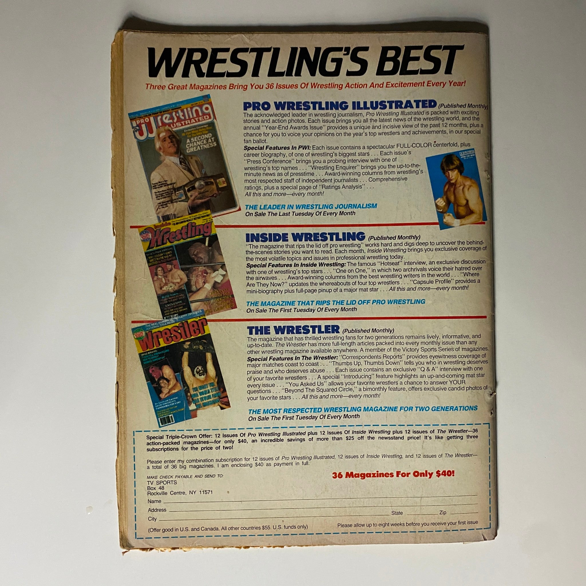 Back cover of the VTG Inside Wrestling Magazine April 1985, displaying subscription offers and promotions for wrestling magazines, highlighting the wrestling culture of the 1980s.