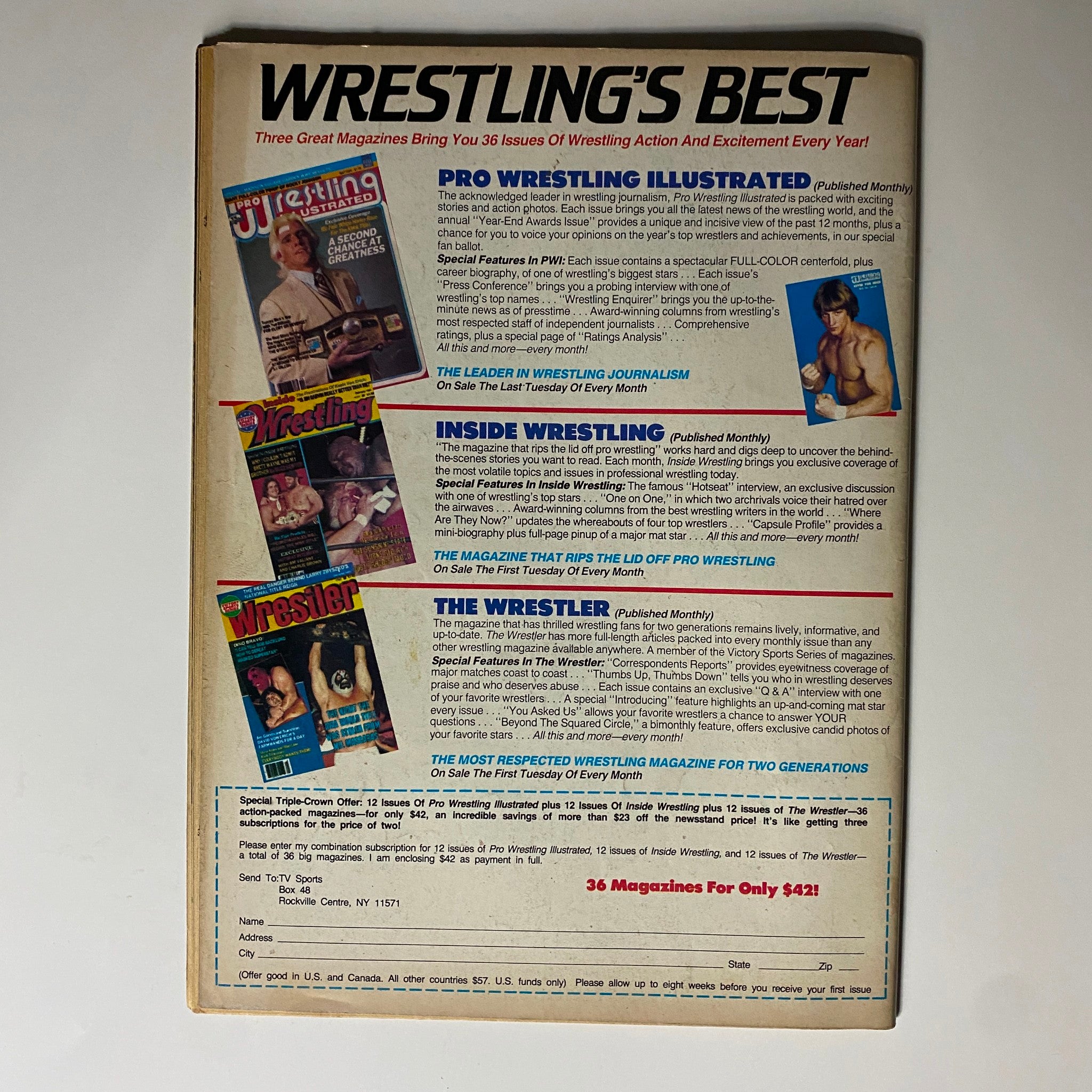 Back cover advertisement of VTG Inside Wrestling Magazine December 1985 showcasing wrestling magazines available for subscription.