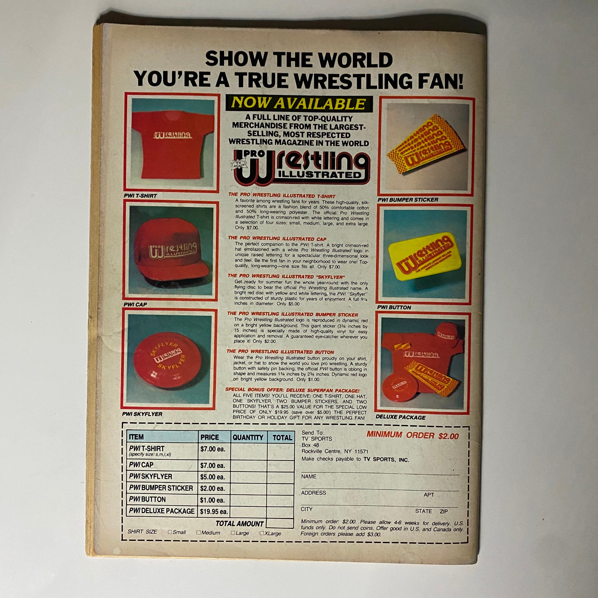 Back cover of VTG The Wrestler Magazine November 1985 featuring merchandise advertisements for wrestling-themed apparel and gear, promoting Pro Wrestling Illustrated.