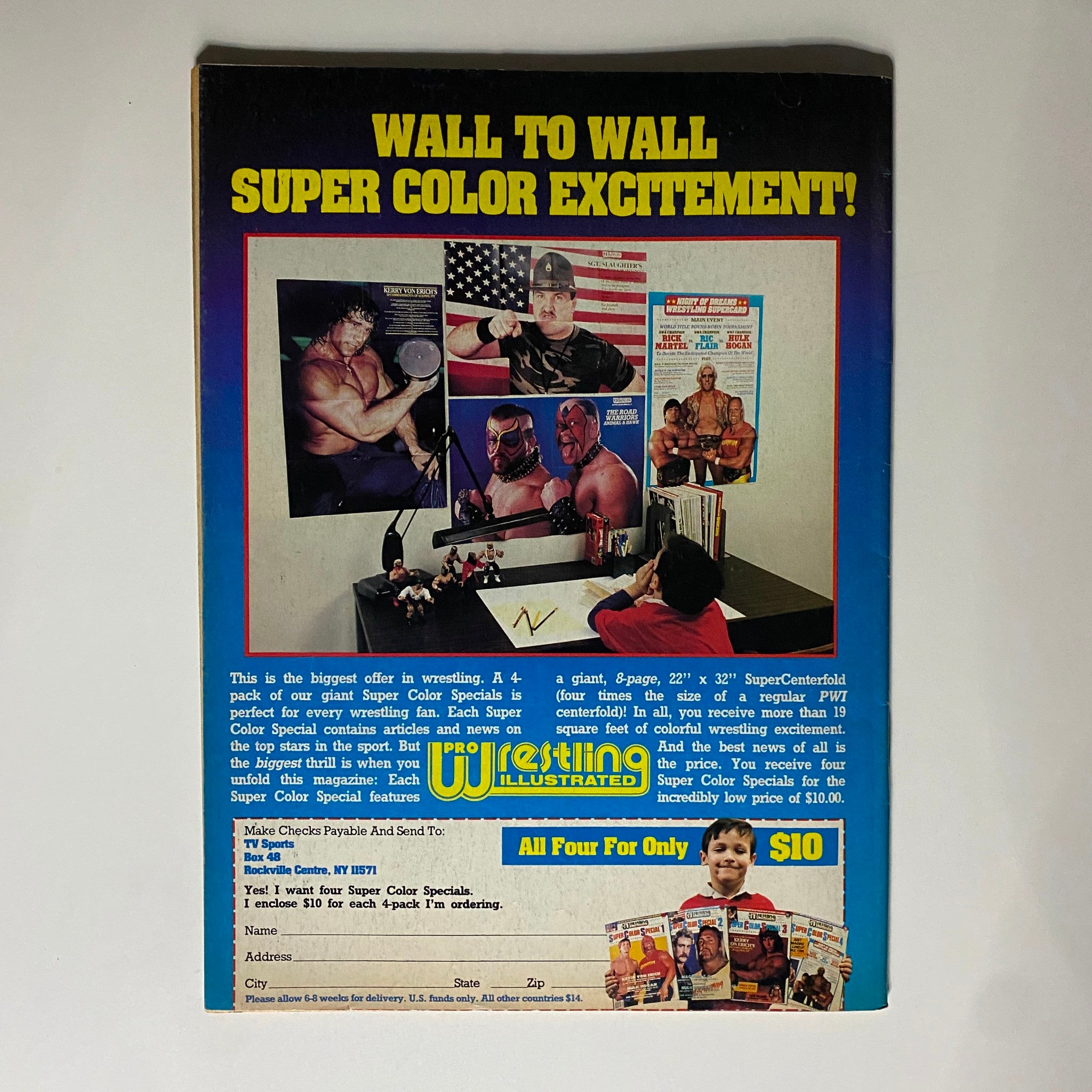 Back cover of VTG The Wrestler Magazine September 1986 promoting ‘Super Color Specials’ for wrestling fans, highlighting various wrestlers.