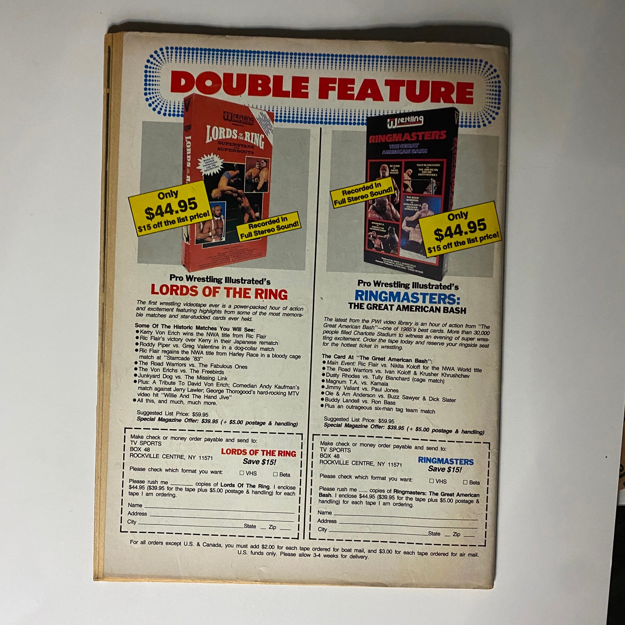 Advertisement page from VTG The Wrestler Magazine June 1986 promoting wrestling videos, highlighting classic matches and events.