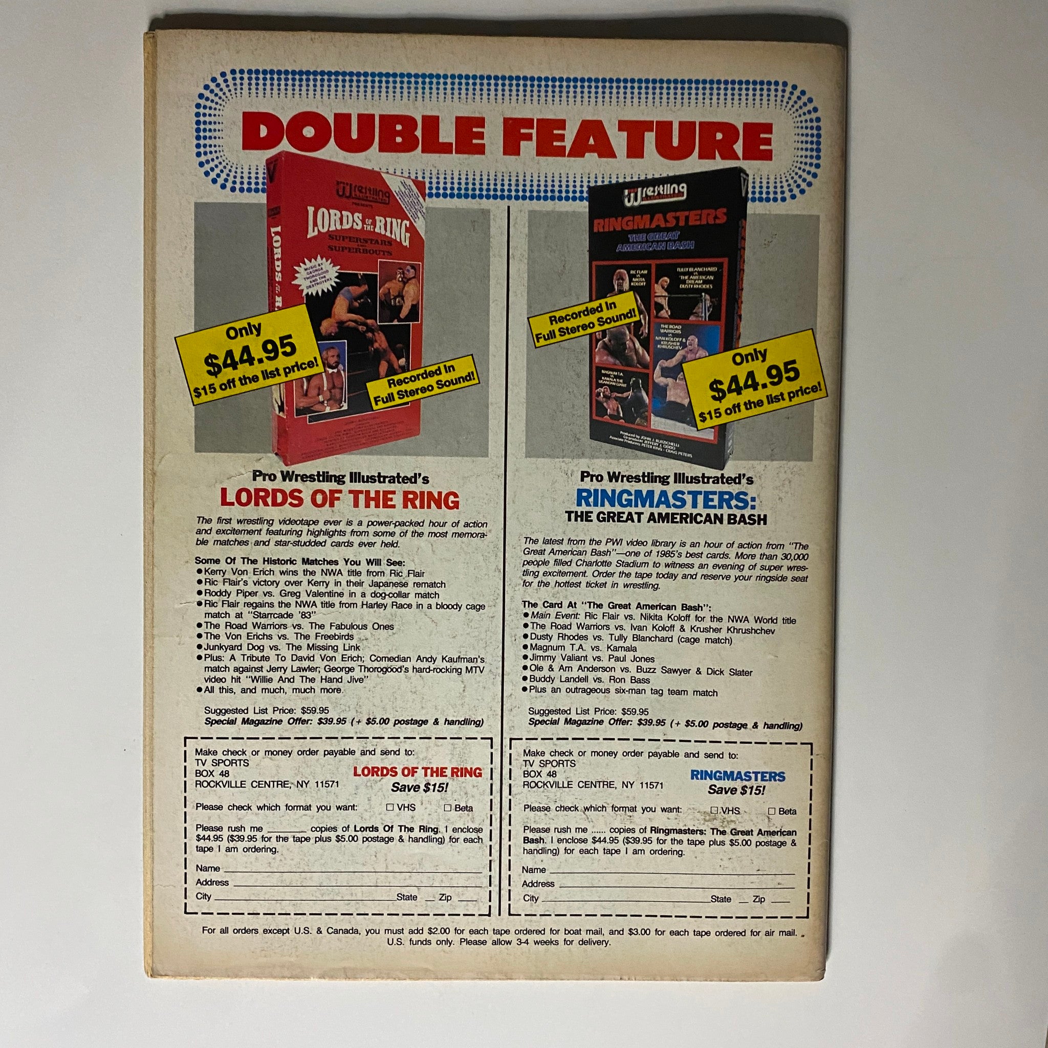 Back cover of The Wrestler Magazine February 1987 featuring a double feature advertisement for Pro Wrestling Illustrated's video tapes 'Lords of the Ring' and 'Ringmasters: The Great American Bash'. The ad highlights pricing and details of the wrestling videos, showcasing the era's wrestling nostalgia.