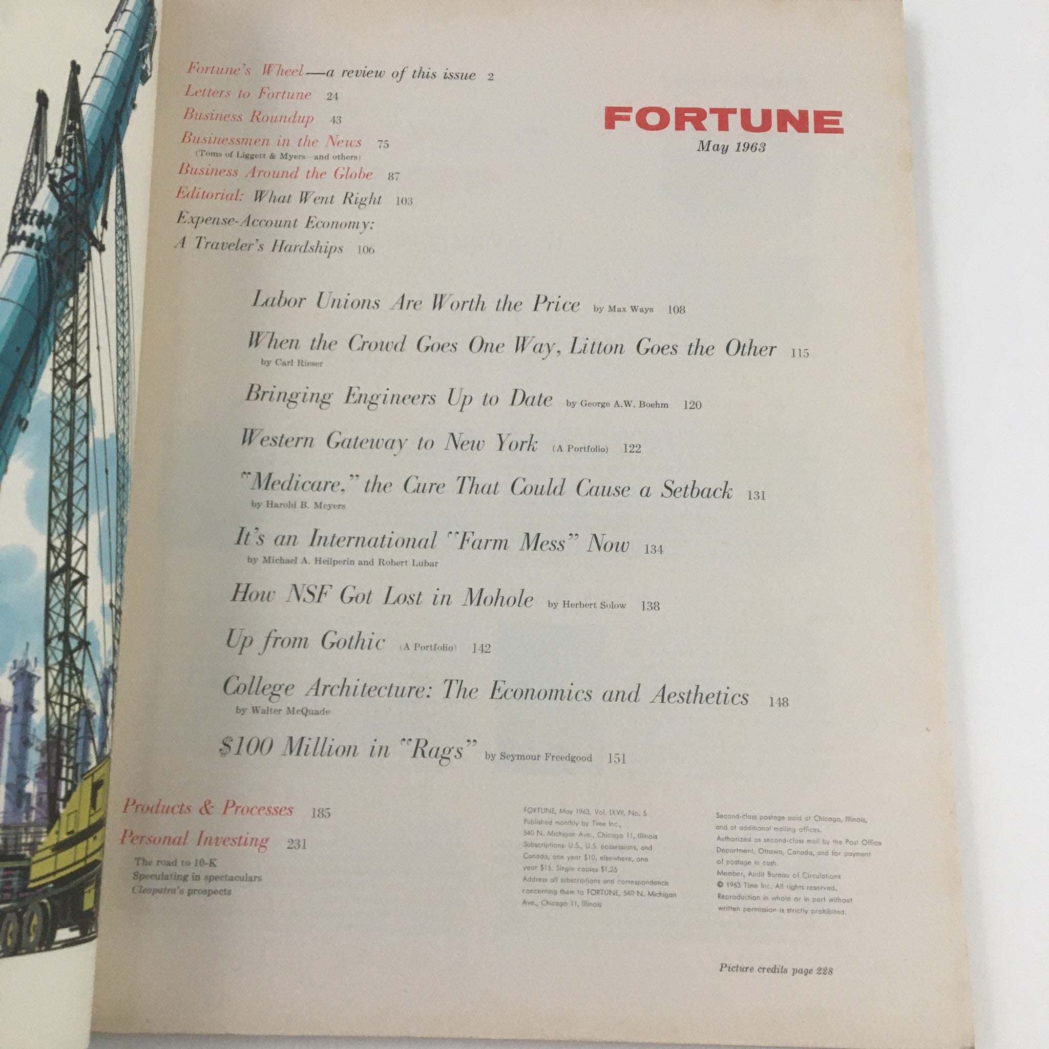 Contents page of Fortune Magazine May 1963 listing articles including 'Labor Unions Are Worth the Price' and other features.