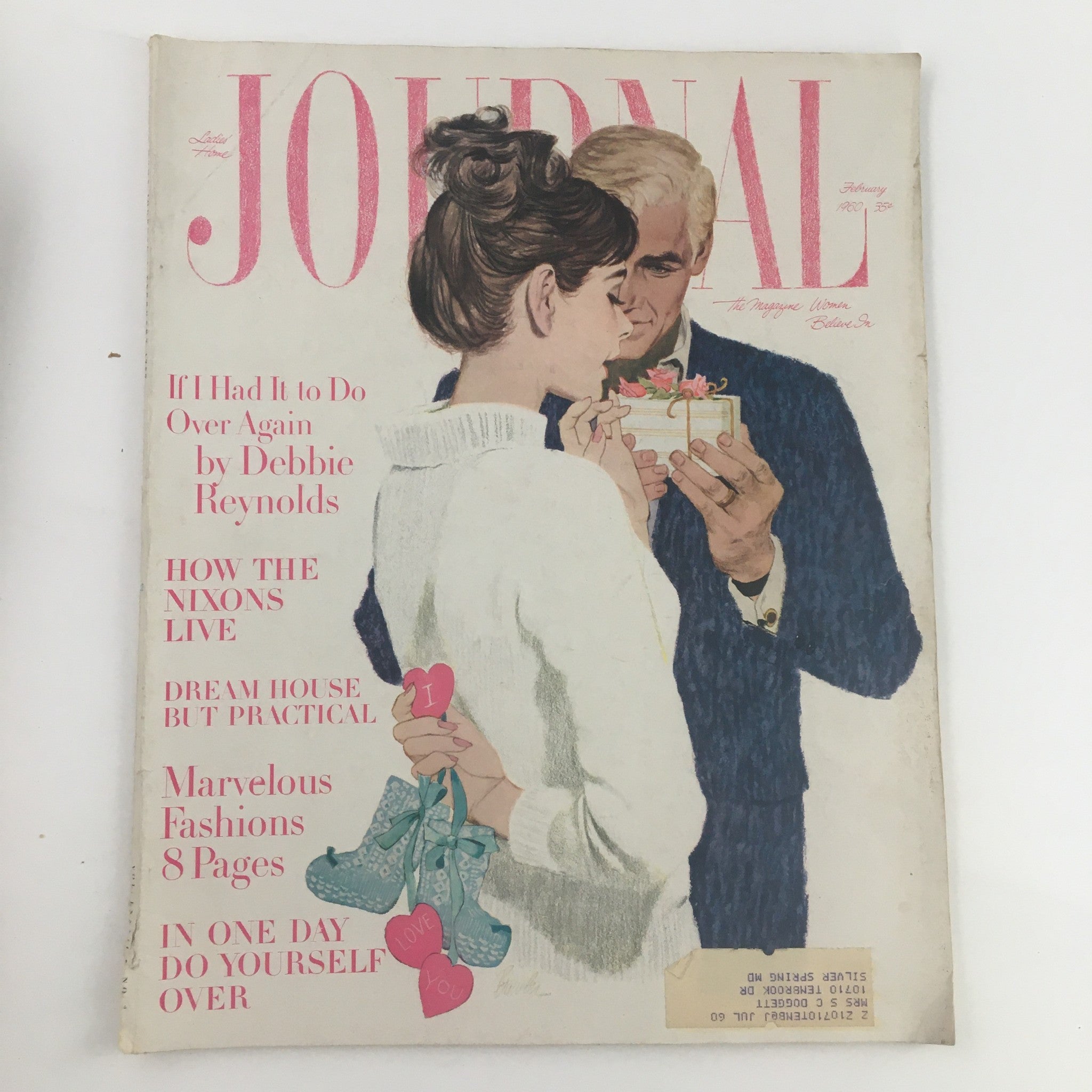 Cover of the Ladies' Home Journal Magazine from February 1960 titled 'If I Had To Do It Over Again', featuring a romantic illustration of a man presenting a gift to a woman, showcasing vintage design details.