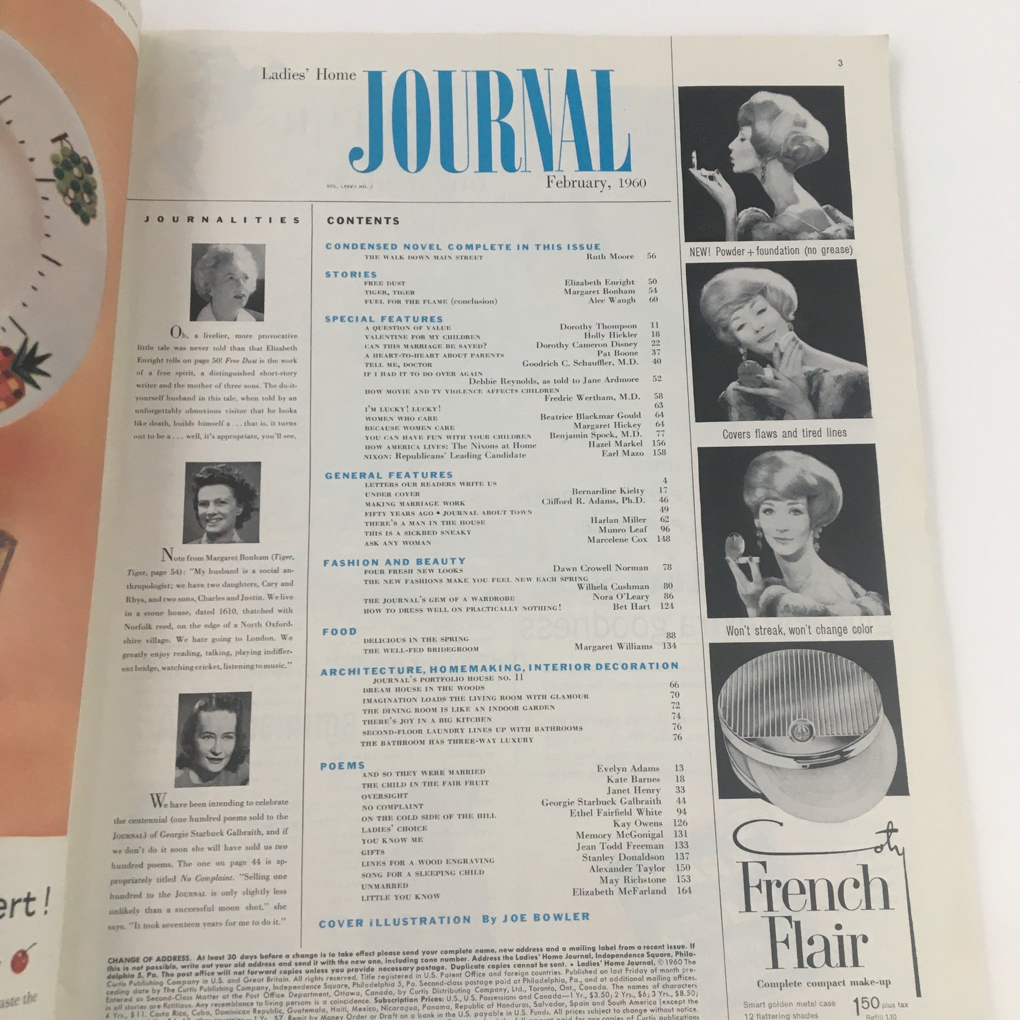 Interior page of Ladies' Home Journal Magazine February 1960, showing the table of contents featuring articles on fashion, beauty, and homemaking, encapsulating the spirit of the 1960s.