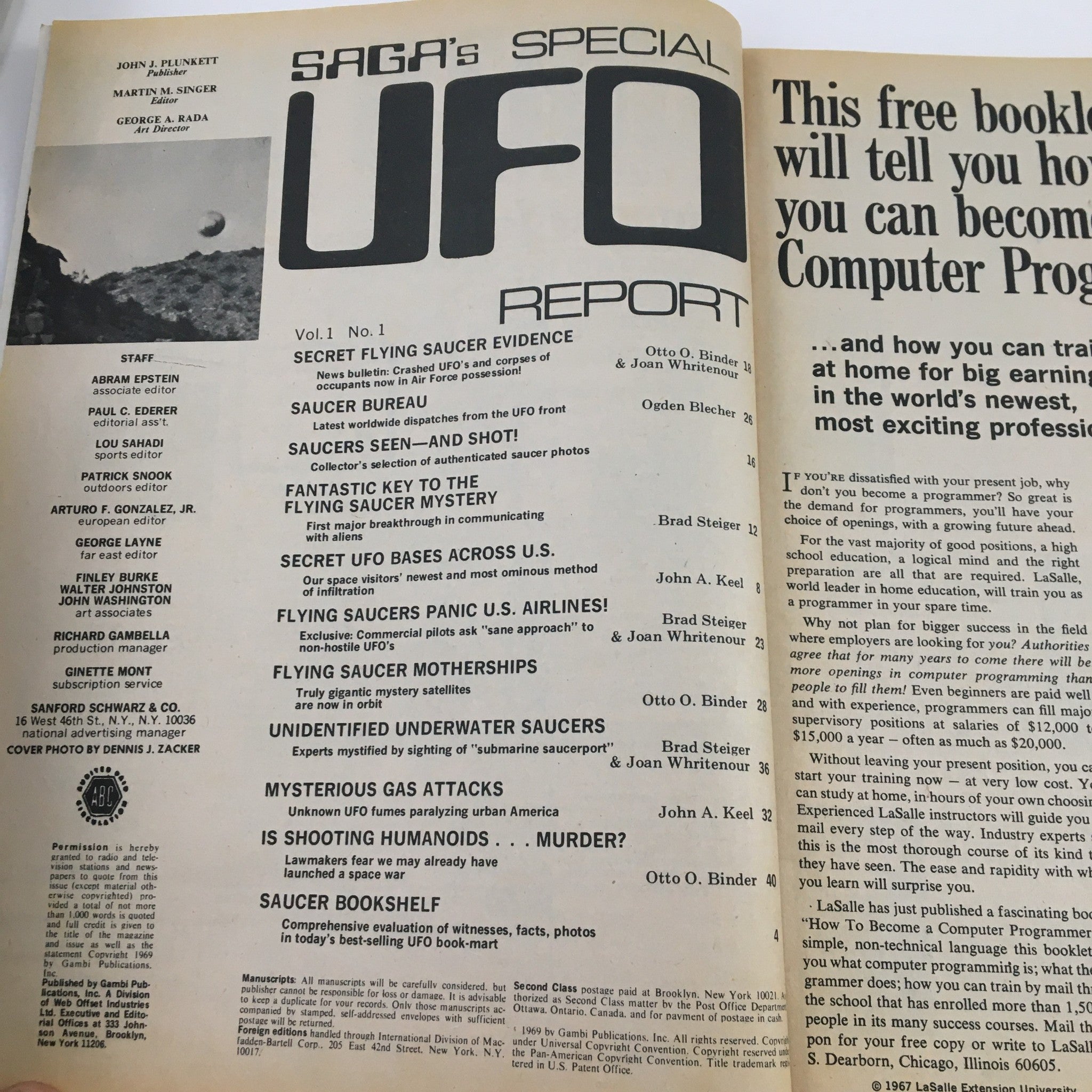 Inside spread of UFO Report Magazine January 1969 showing content details such as articles on UFO evidence, mysterious gas attacks, and the flying saucer mystery.