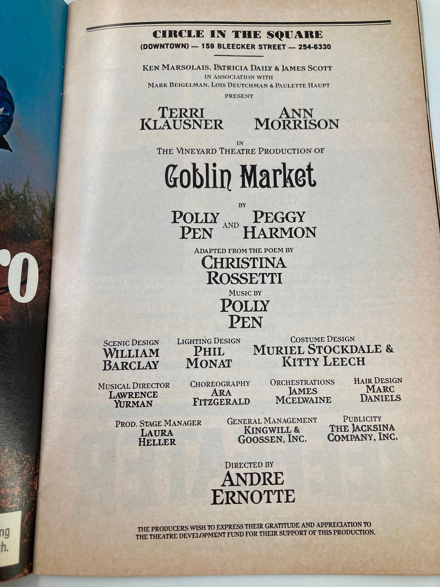 1986 Playbill Circle In The Square Theatre Terri Klausner in Goblin Market