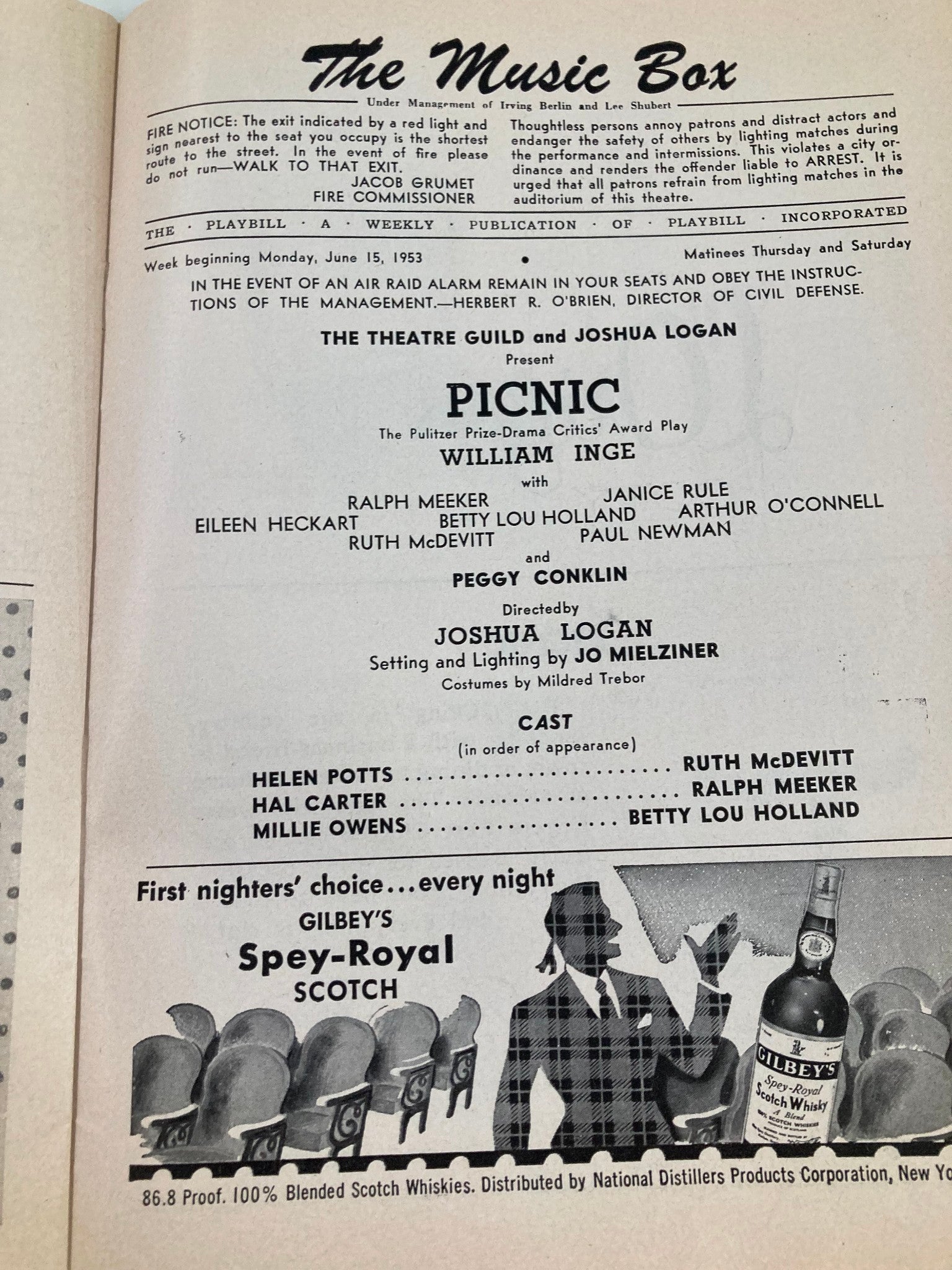 1953 Playbill The Music Box Ralph Meeker, Janice Rule in Picnic by William Inge