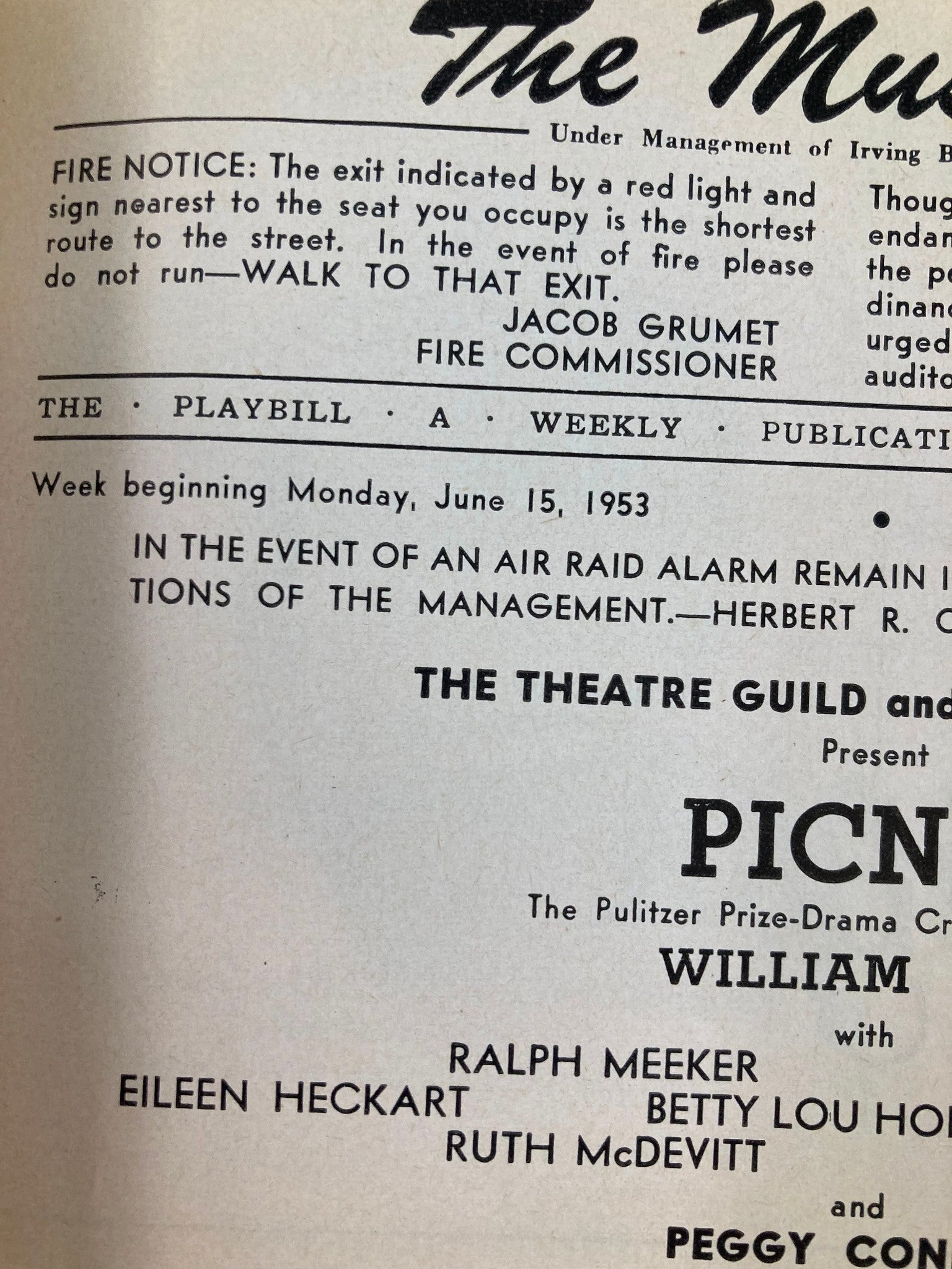 1953 Playbill The Music Box Ralph Meeker, Janice Rule in Picnic by William Inge