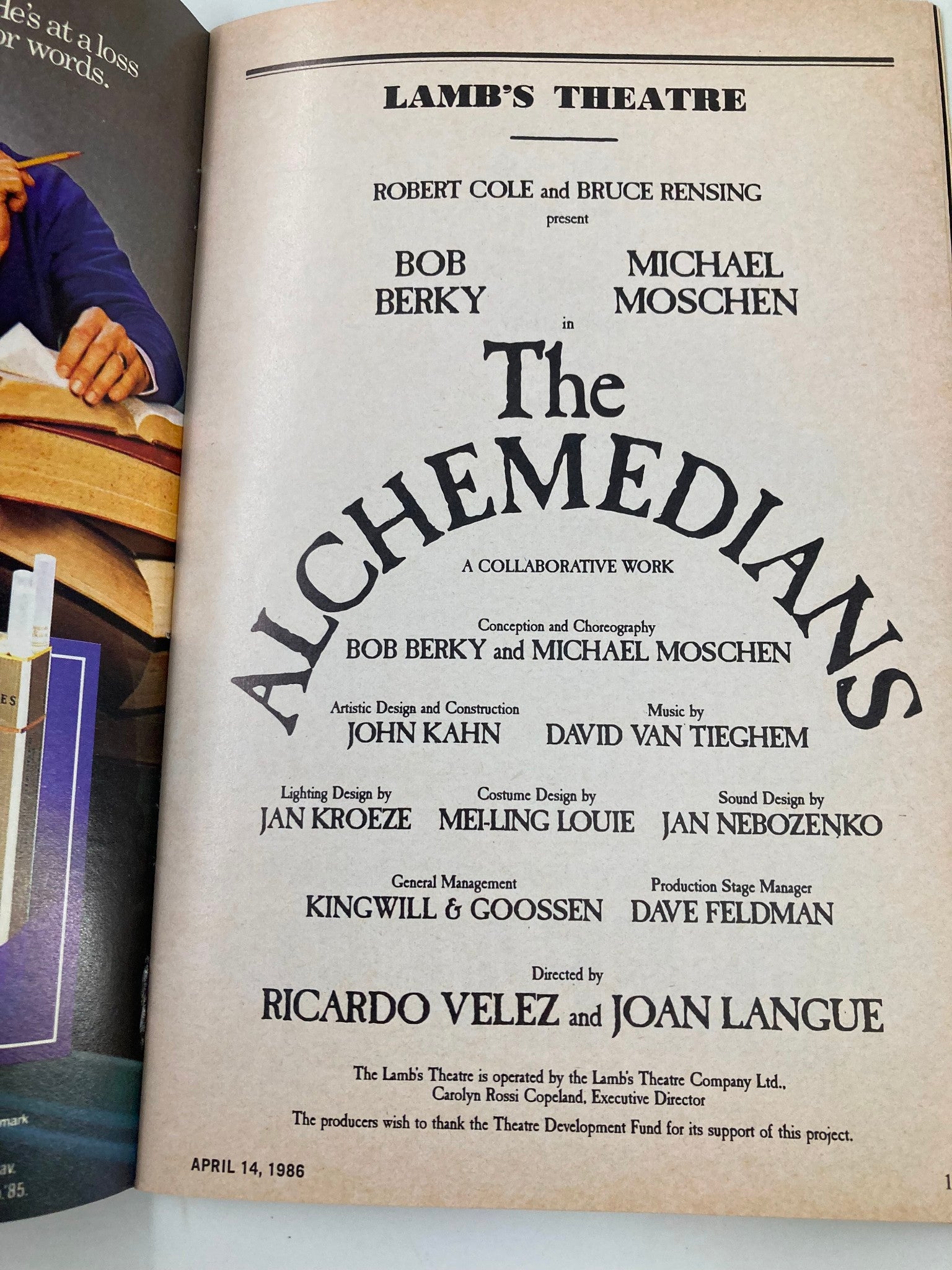 1986 Playbill Lamb's Theatre Bob Berky & Michael Moschen in The Alchemedians