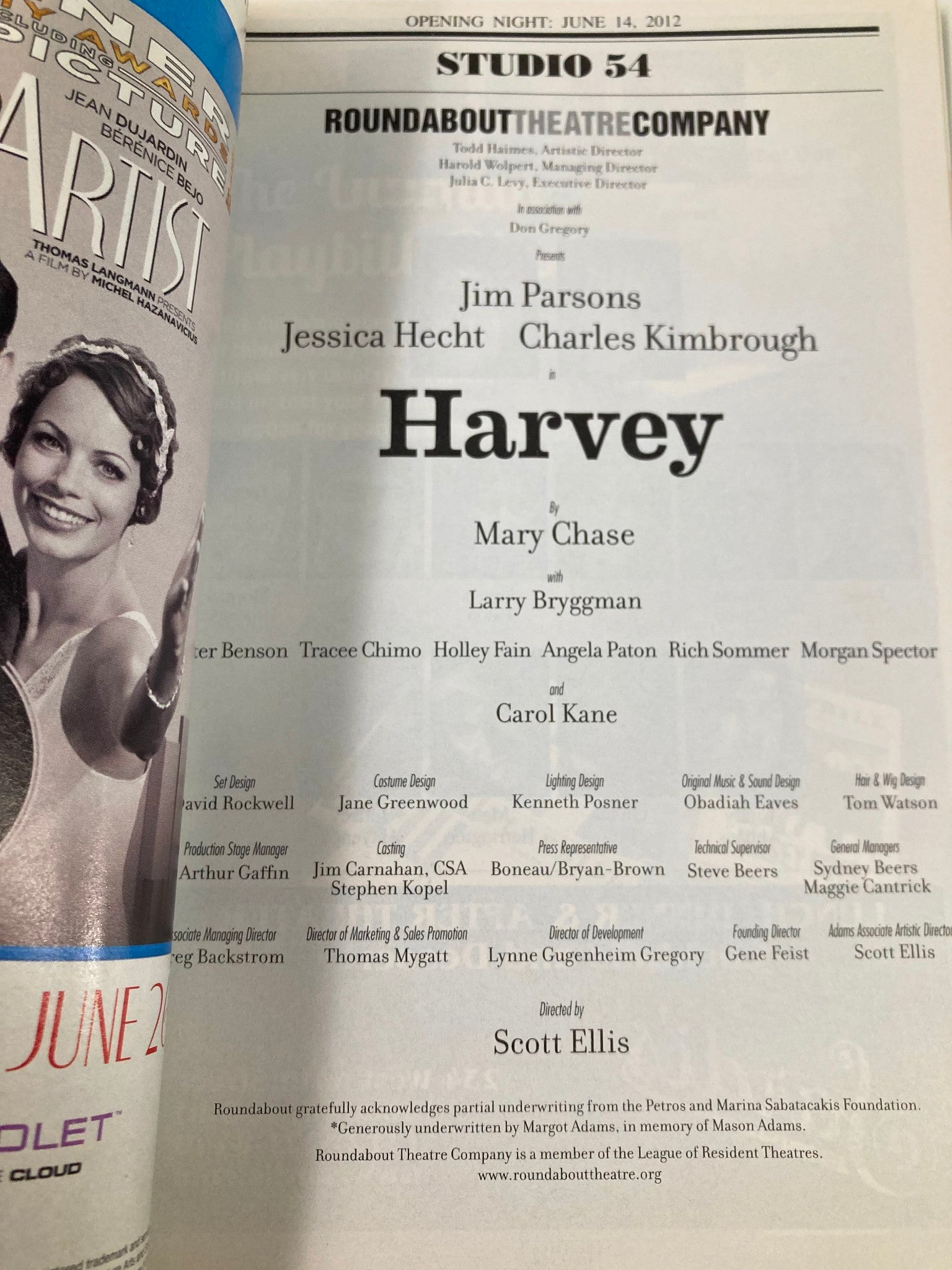 2012 Playbill Studio 54 Jim Parsons, Jessica Hecht, Charles Kimbrough in Harvey