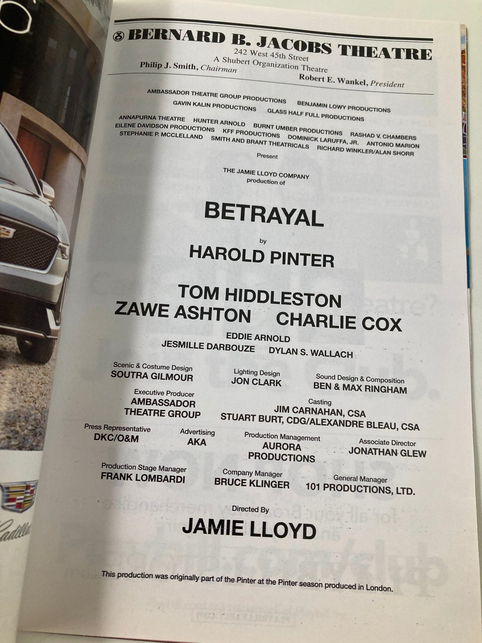 2019 Playbill Bernard B. Jacobs Theatre Charlie Cox, Tom Hiddleston in Betrayal