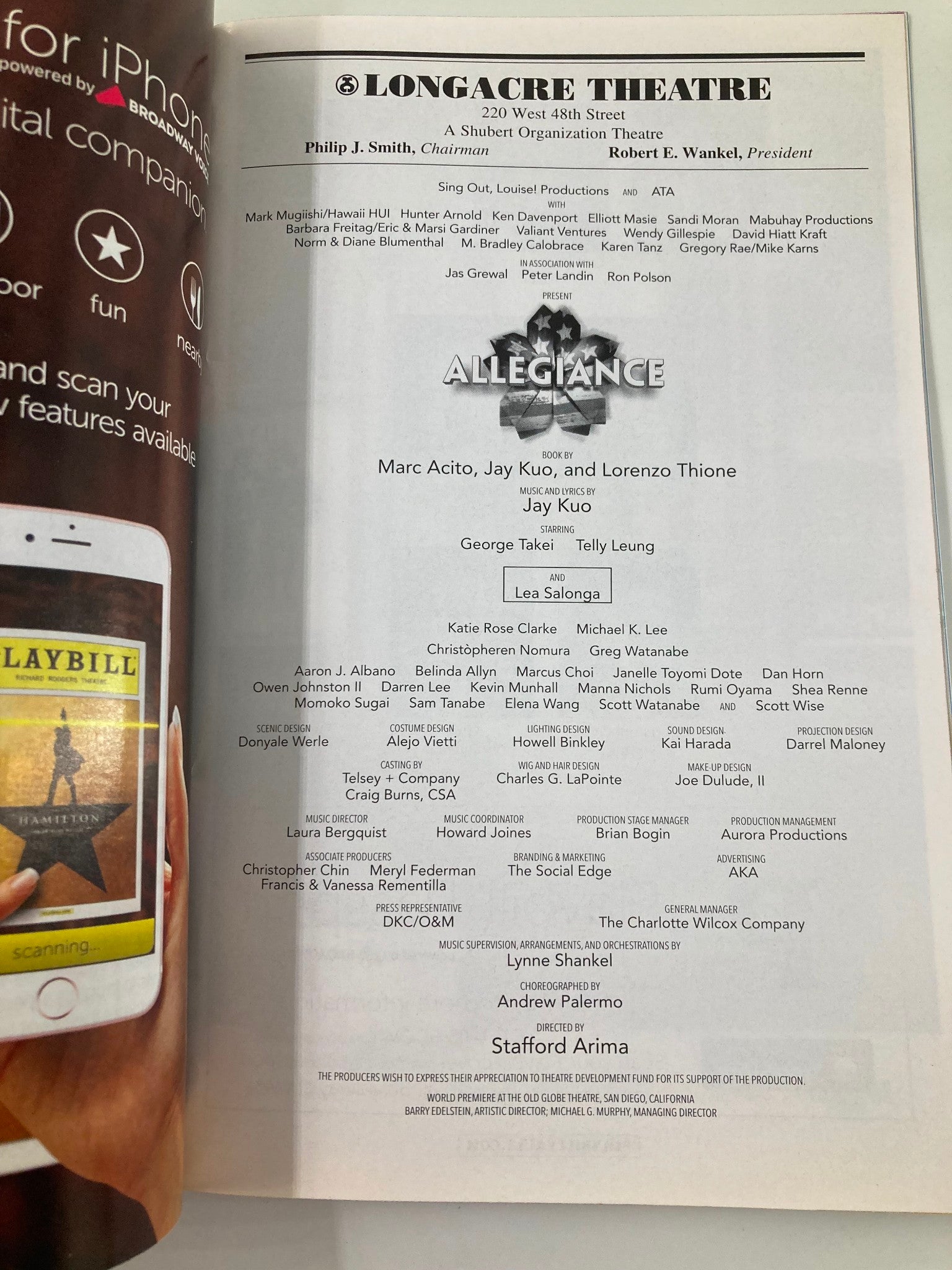 2016 Playbill Longacre Theatre George Takei, Telly Leung in Allegiance