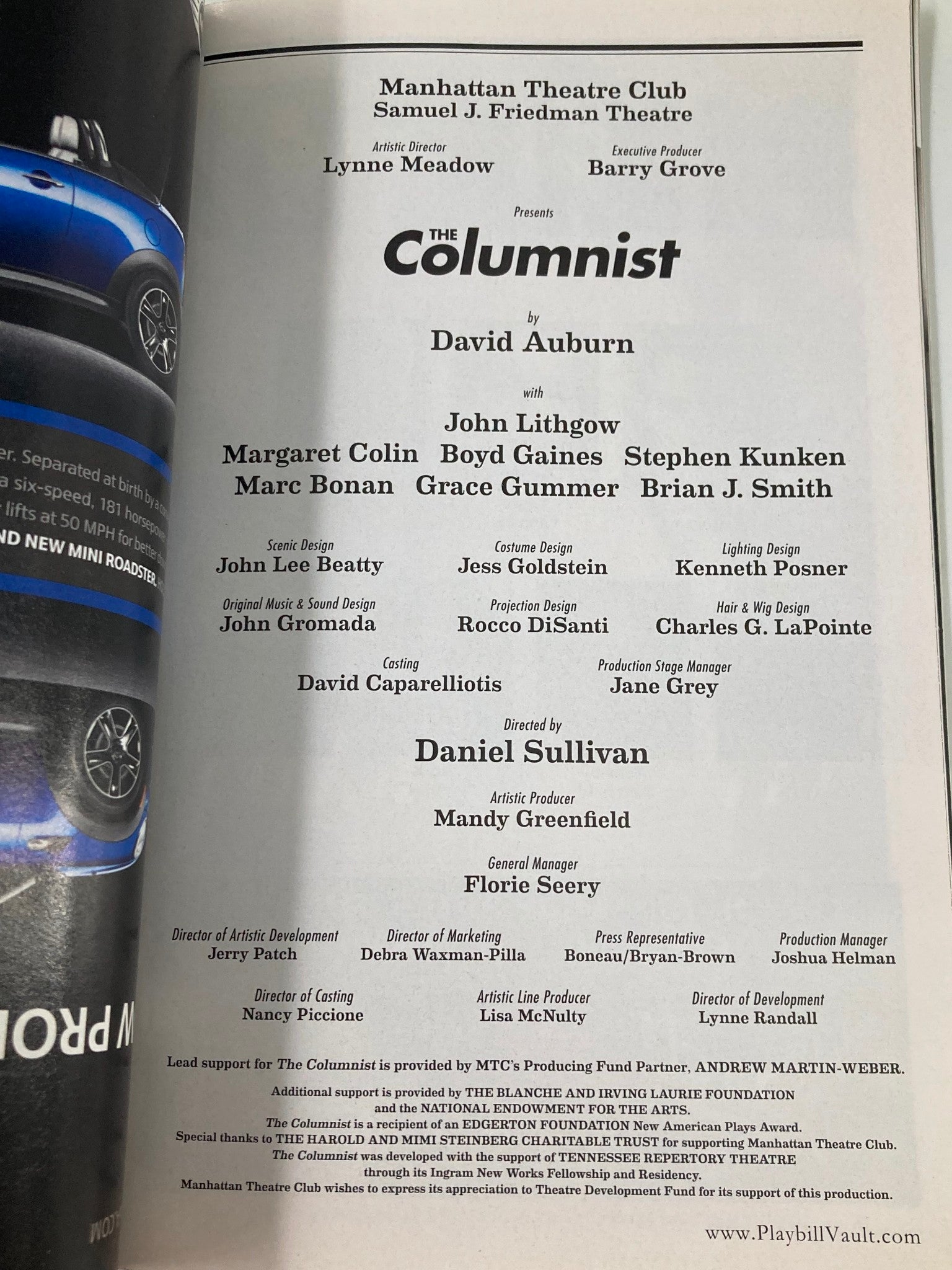 2012 Playbill The Samuel J. Friedman Theatre John Lithgow in The Columnist