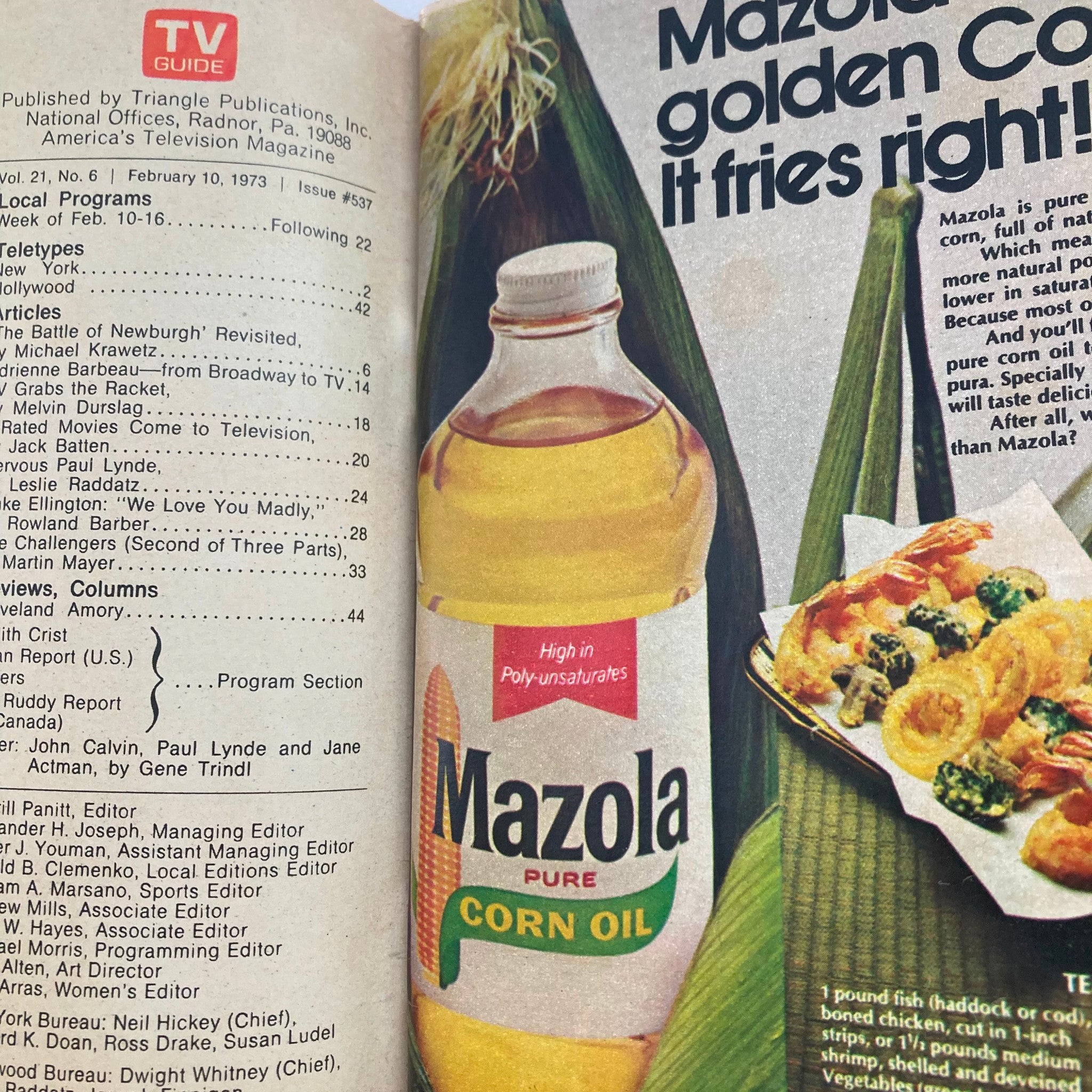 Inside page of TV Guide Magazine February 10 1973 issue #537 displaying a Mazola corn oil advertisement with nostalgic presentation reflecting 1970s television and culinary trends.