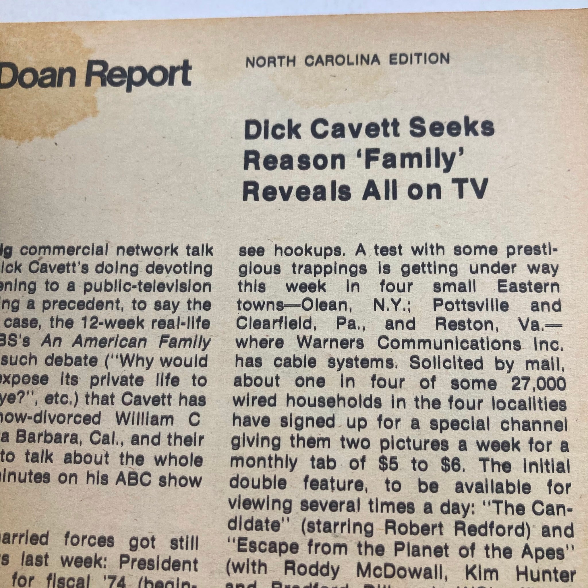 Page from the TV Guide Magazine February 10 1973, issue #537, featuring an article titled 'Dick Cavett Seeks Reason ‘Family’ Reveals All on TV'. The text discusses a public-television experiment and mentions various towns involved in the project.