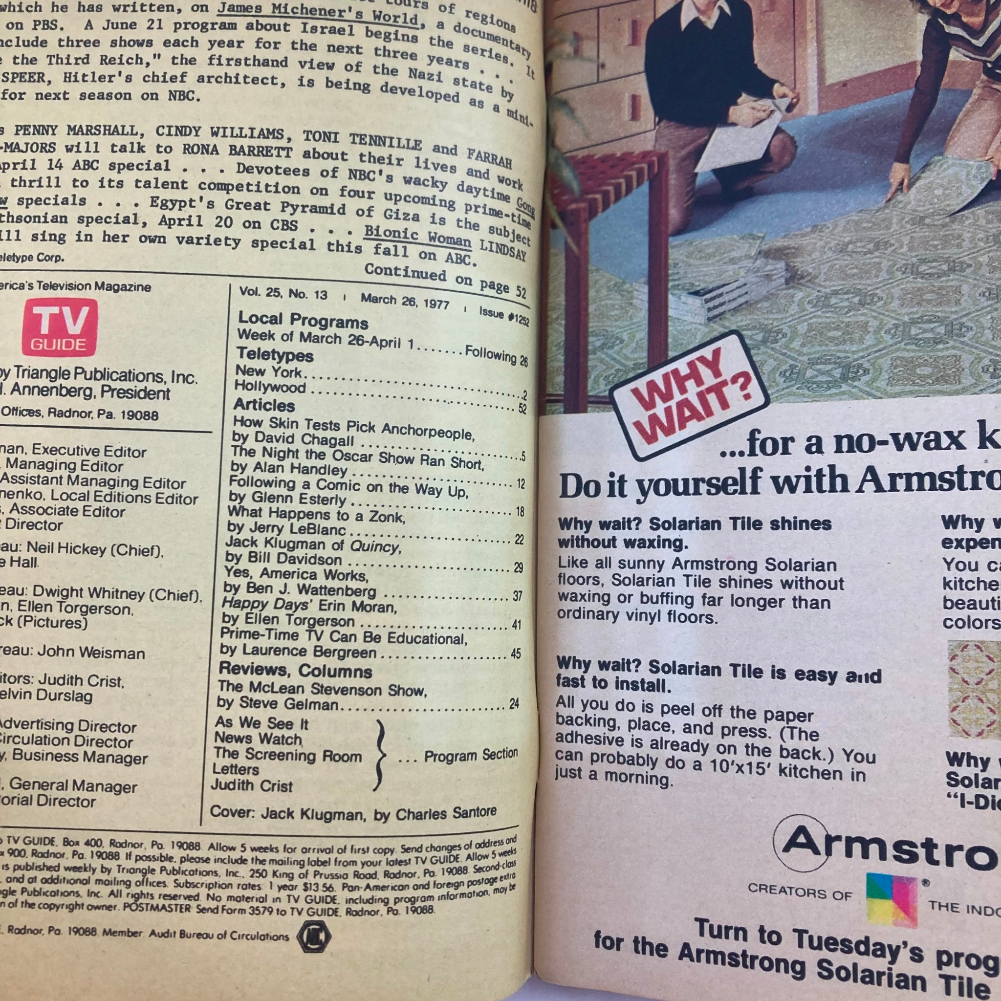 Interior page of TV Guide Magazine March 26 1977 #1252 showing programming details with advertisements, including a cover featuring Jack Klugman.