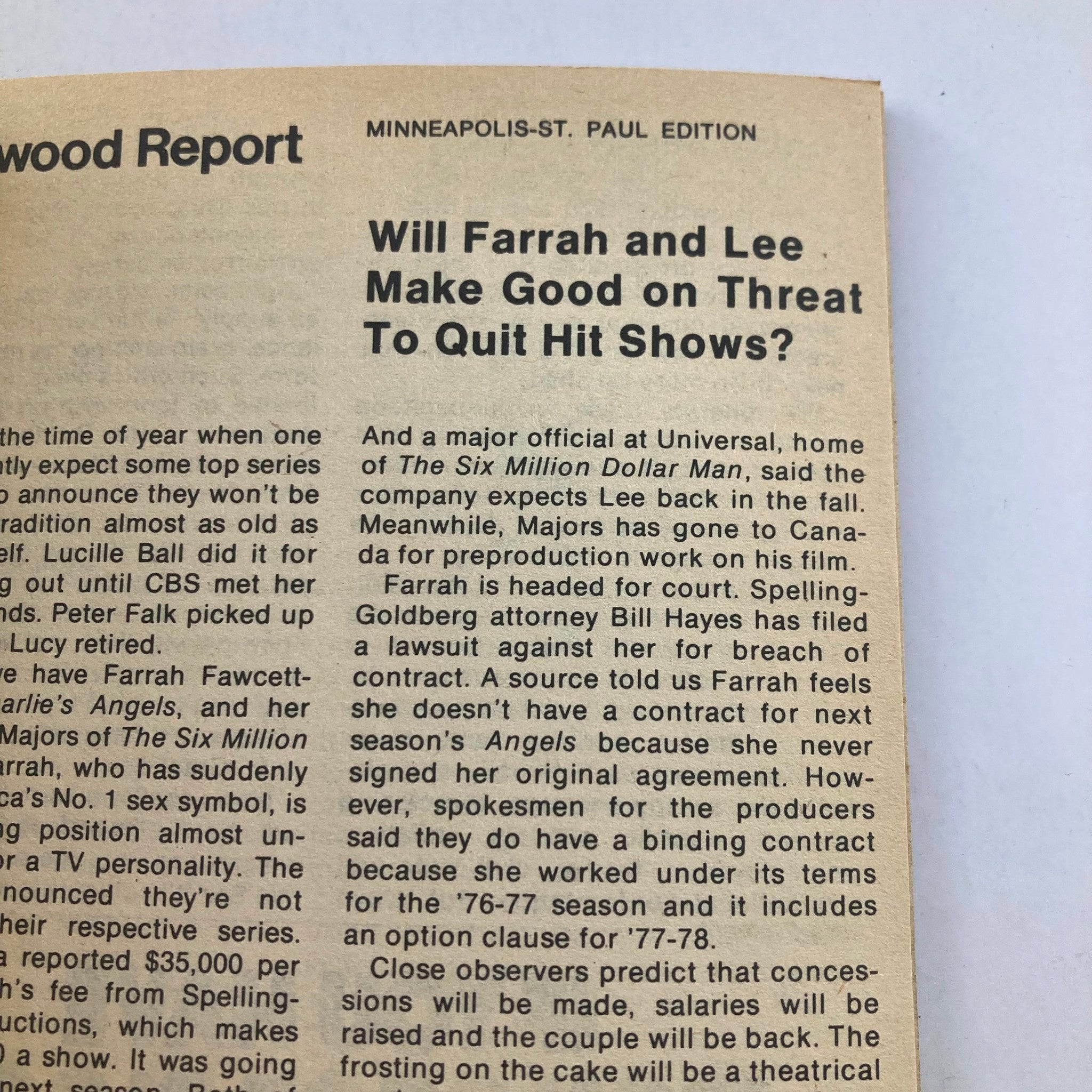 Another interior page of TV Guide Magazine March 26 1977 #1252 discussing upcoming shows and contract disputes of major stars like Farrah Fawcett.
