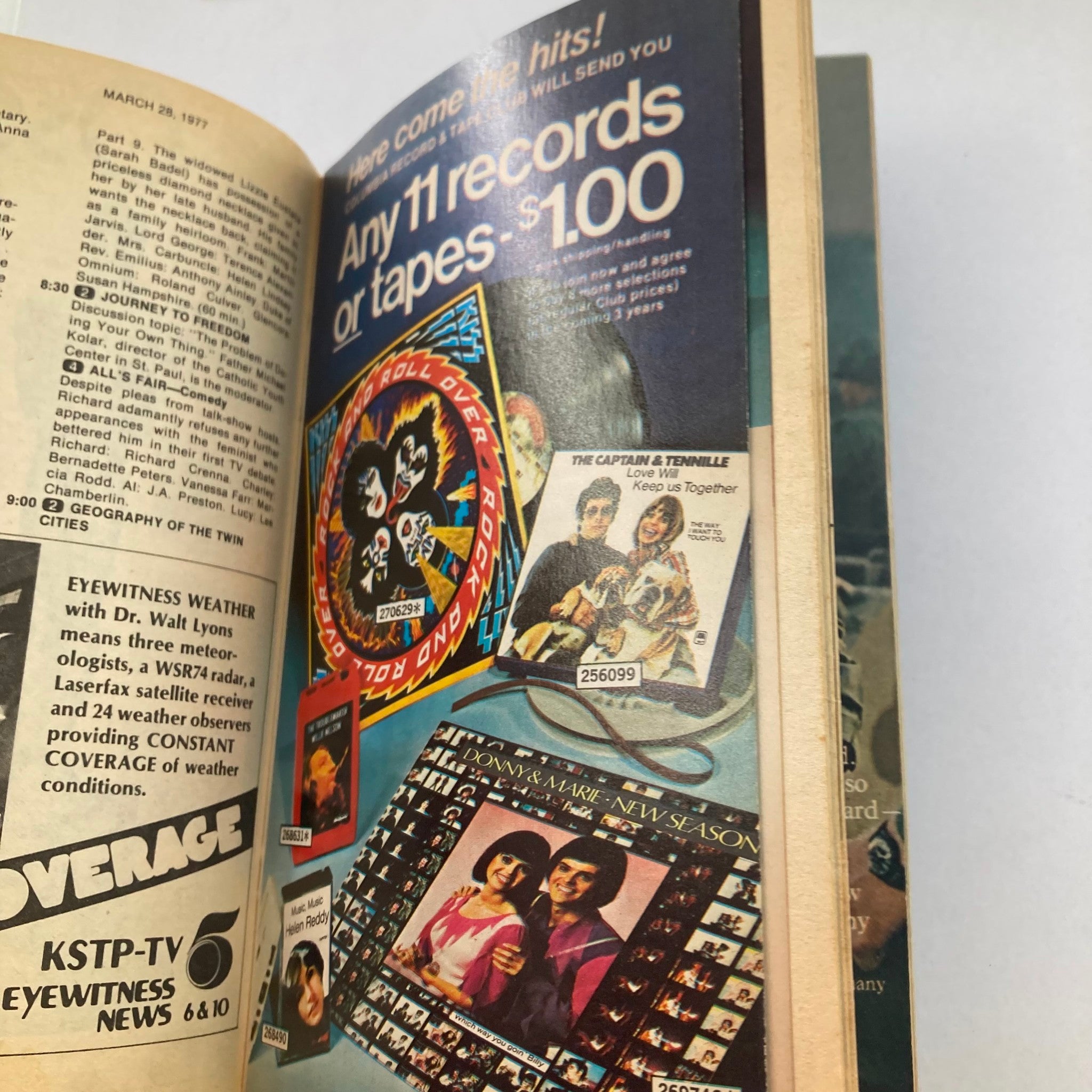 Image from TV Guide Magazine March 26 1977 #1252, showcasing advertisements for records and tapes, featuring classic artists and music offers, with vibrant colors and designs reflective of the 1970s era.