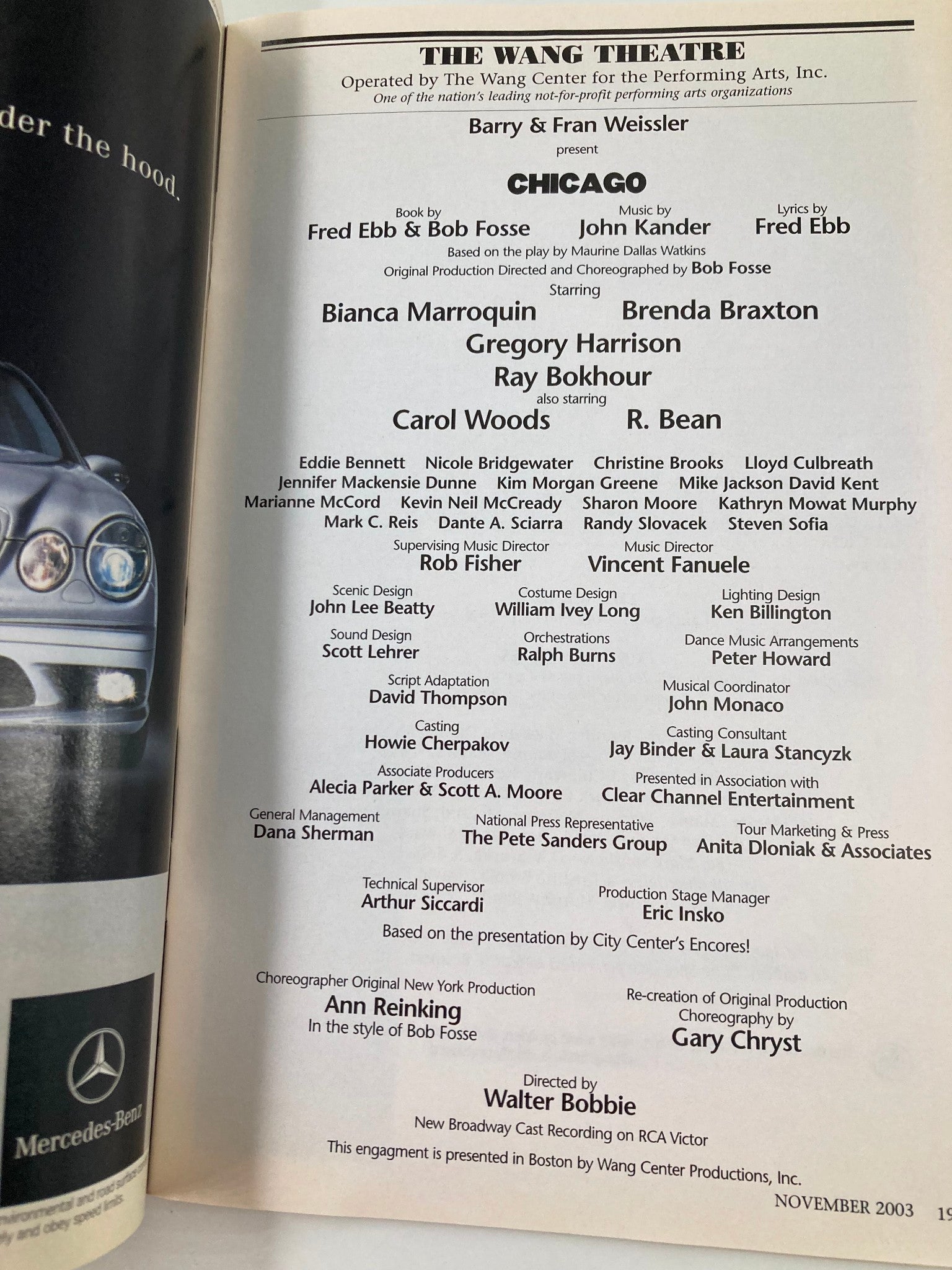 2003 Playbill The Wang Theatre Carol Woods, R Bean, Ray Bokhour in Chicago