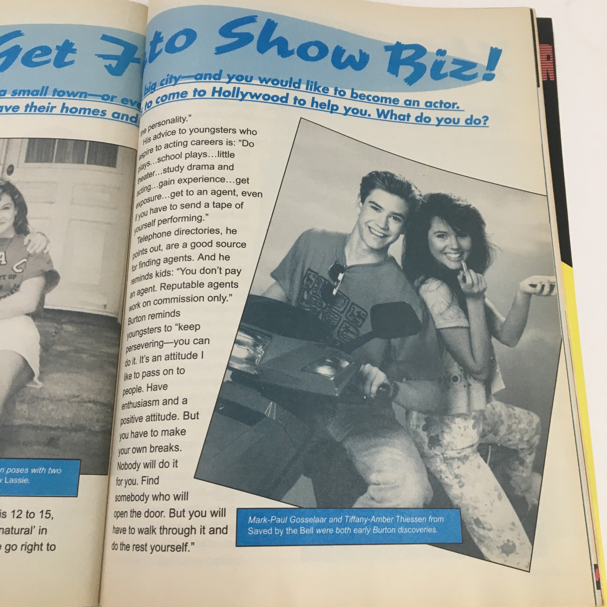 Teen Set Magazine October 1991 showcasing Mark-Paul Gosselaar and Tiffany-Amber Thiessen discussing how to get into show business, with a vintage styled layout.