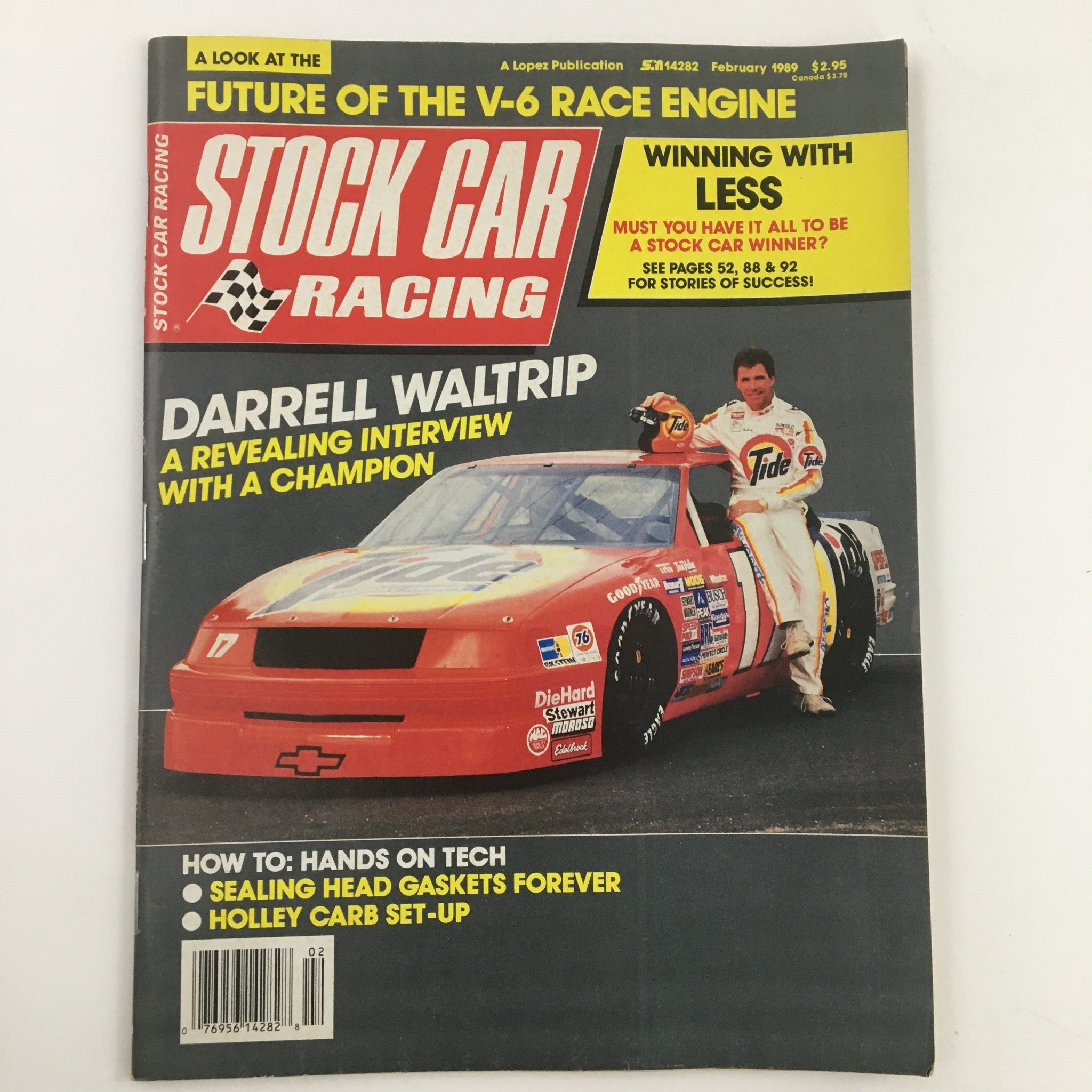Cover of Stock Car Racing Magazine February 1989 featuring Darrell Waltrip, titled 'A Revealing Interview with a Champion'. The magazine includes highlights about stock car racing and technical tips.