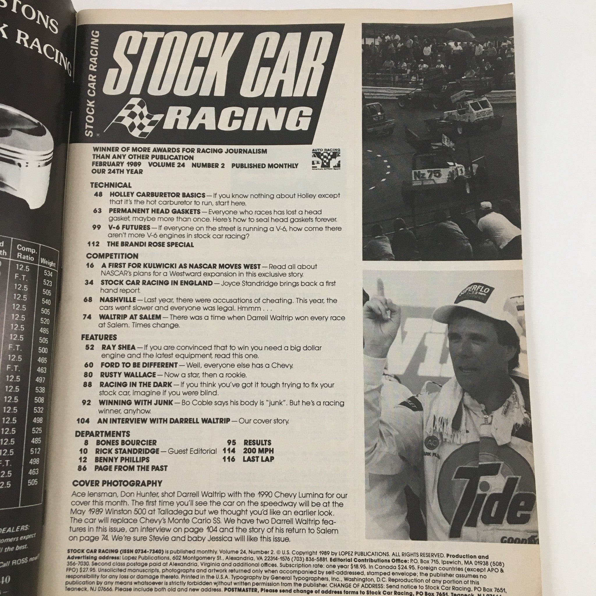 Interior page of Stock Car Racing Magazine February 1989 showcasing features and articles about Darrell Waltrip and stock car racing insights. It includes technical aspects and industry news.