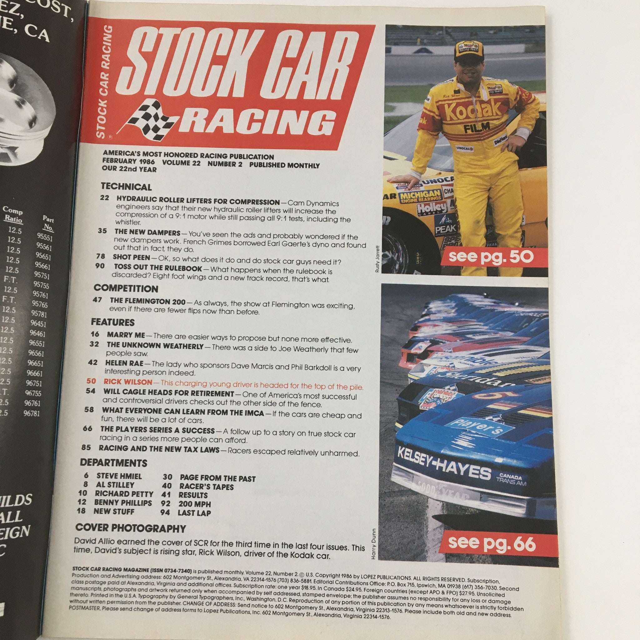 Interior page from Stock Car Racing Magazine February 1987, showcasing articles and features, including a profile on Rick Wilson and technical insights for stock car racing enthusiasts.