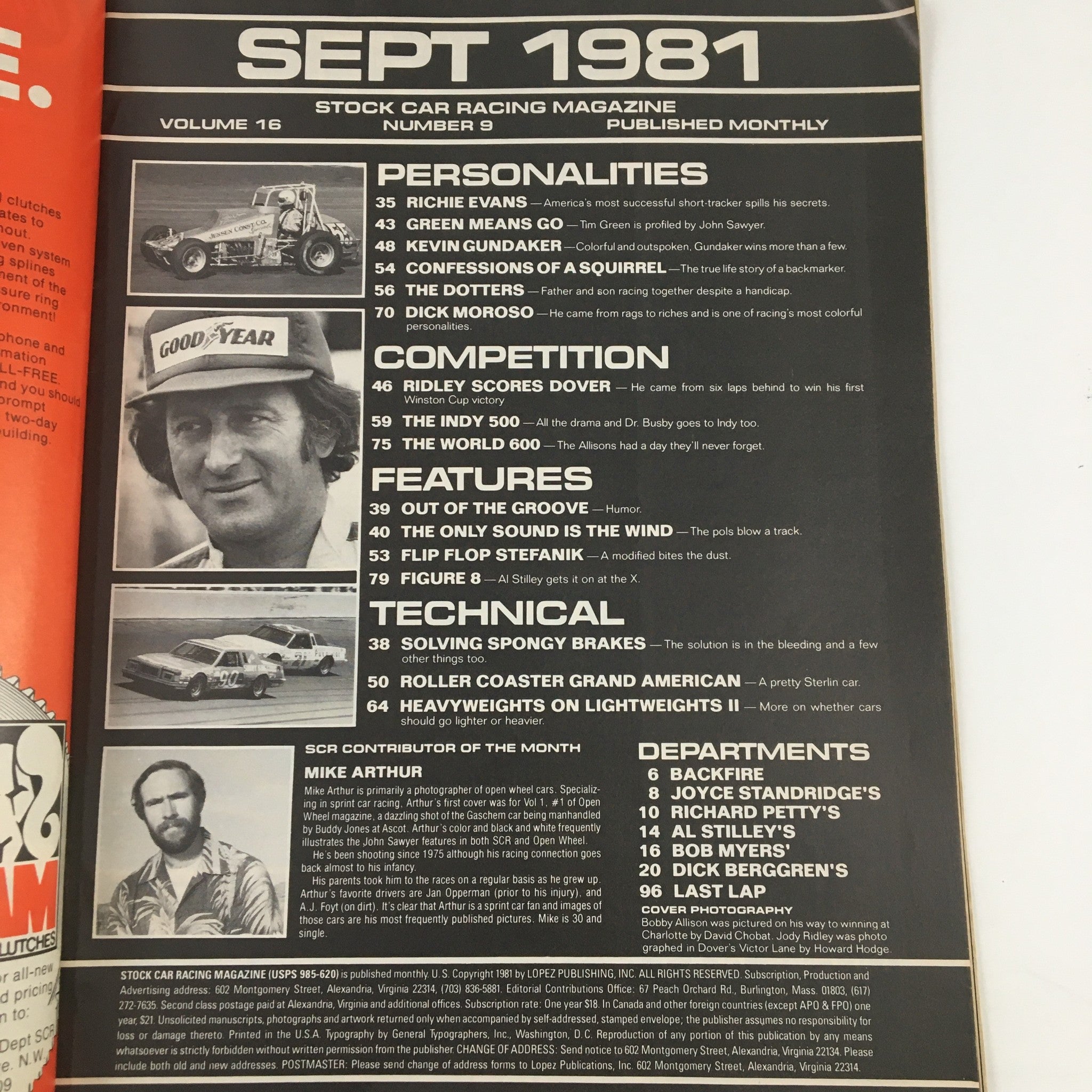 Inside of Stock Car Racing Magazine September 1981 displaying contents, including features on personalities and competitions in the racing world, such as Bobby Allison's Charlotte win.