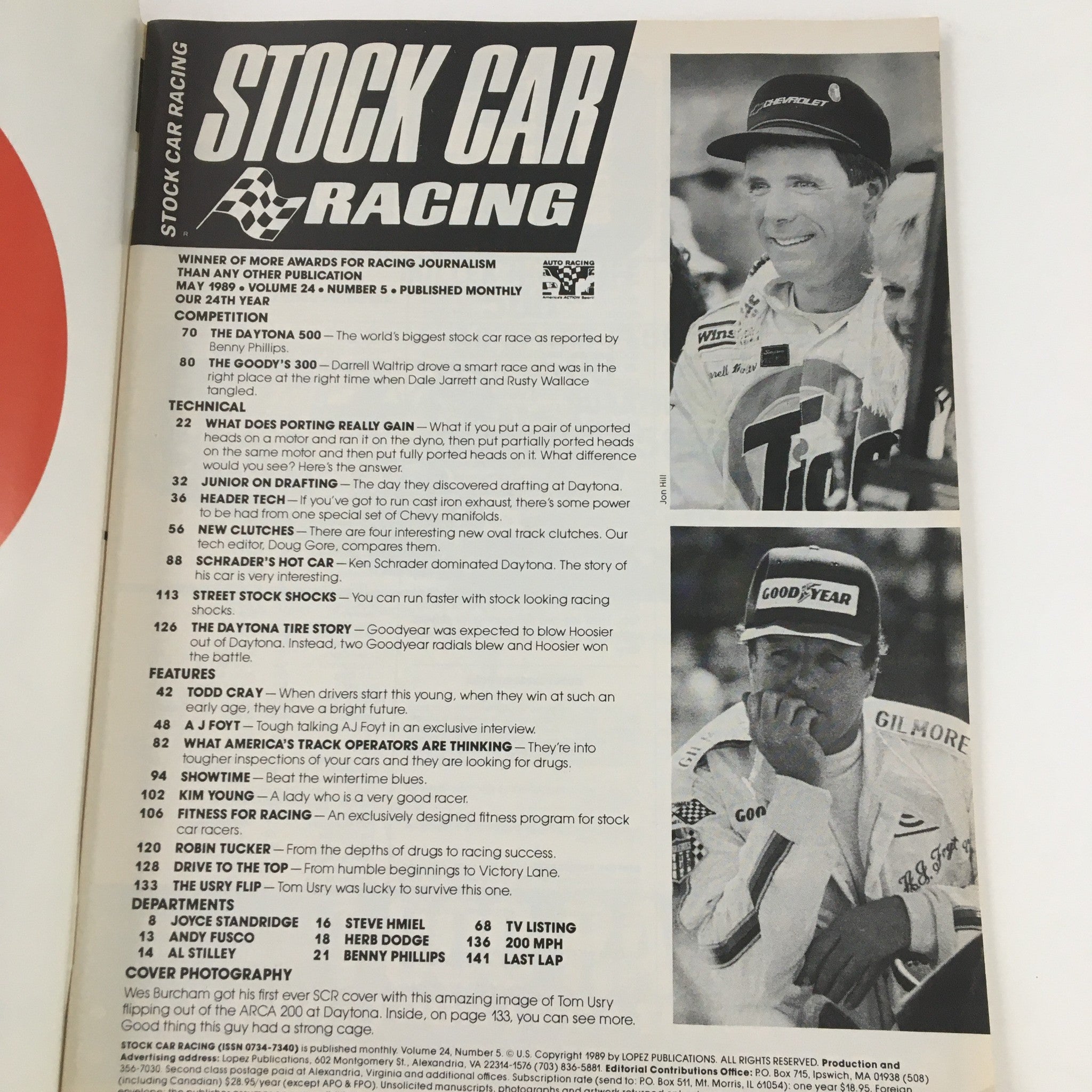 Inside page of Stock Car Racing Magazine May 1989, highlighting articles and features related to stock car racing, including notable drivers and technical insights.