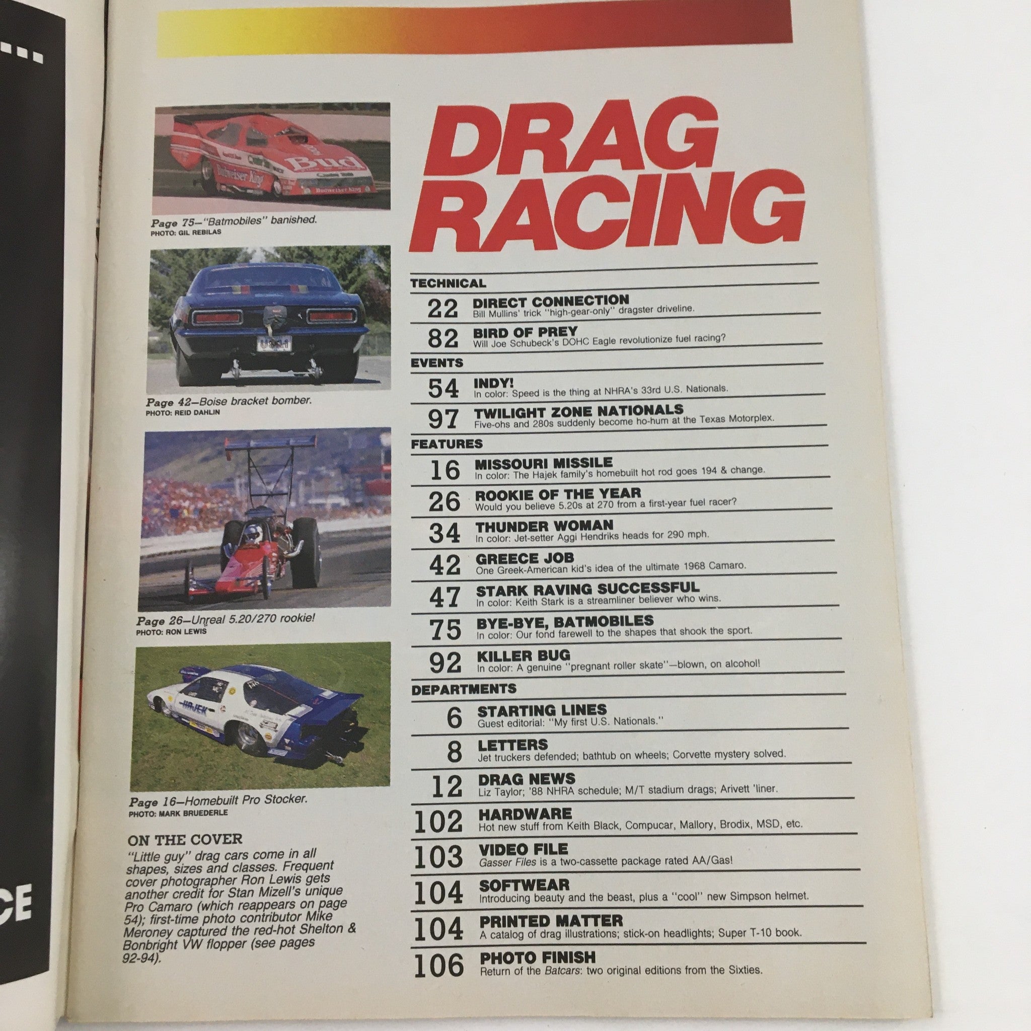 Drag Racing Magazine January 1988 Stan Mizell's Unique Pro Camaro No Label