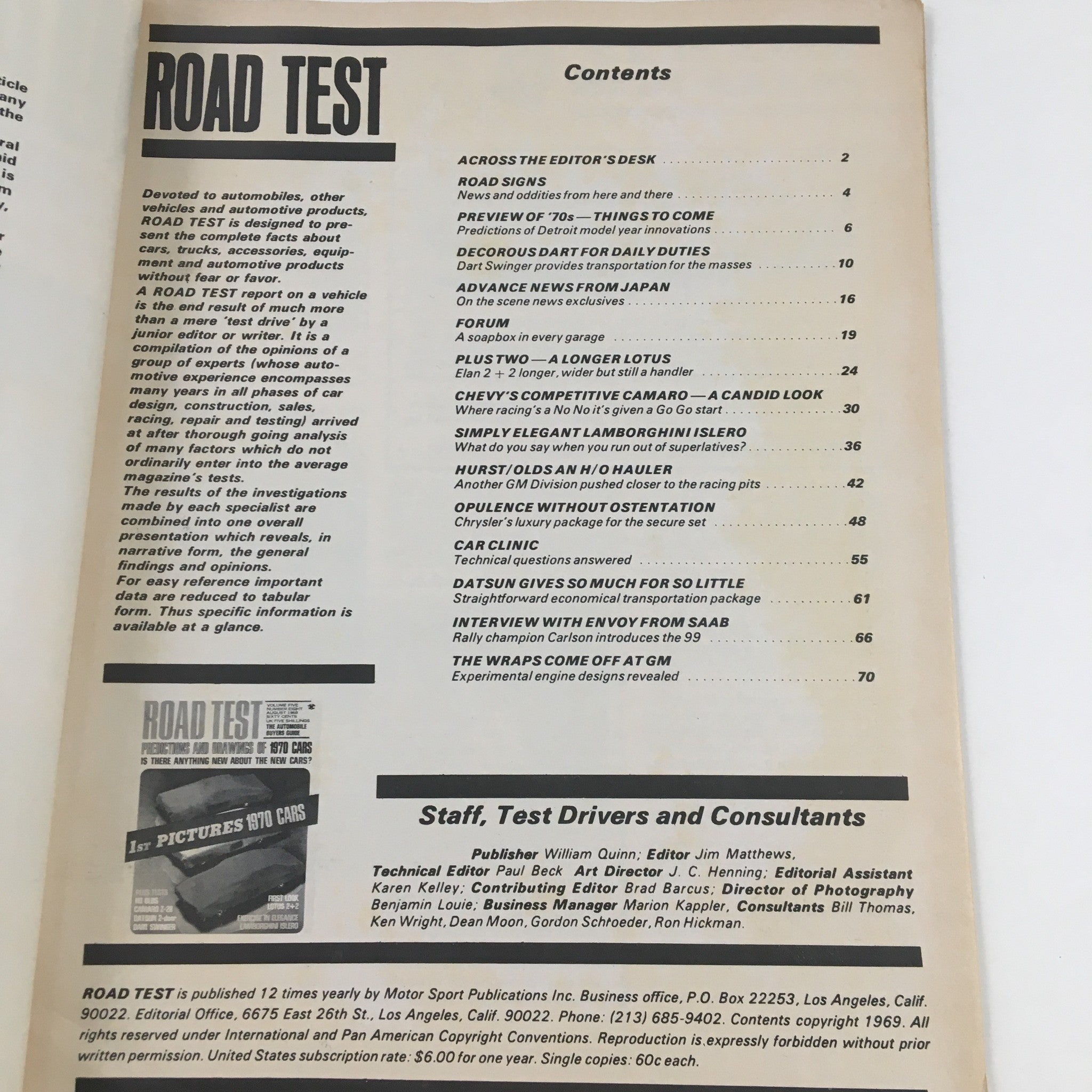 Contents page of Road Test Magazine August 1969, listing articles including Exercise in Elegance Lamborghini Islero.