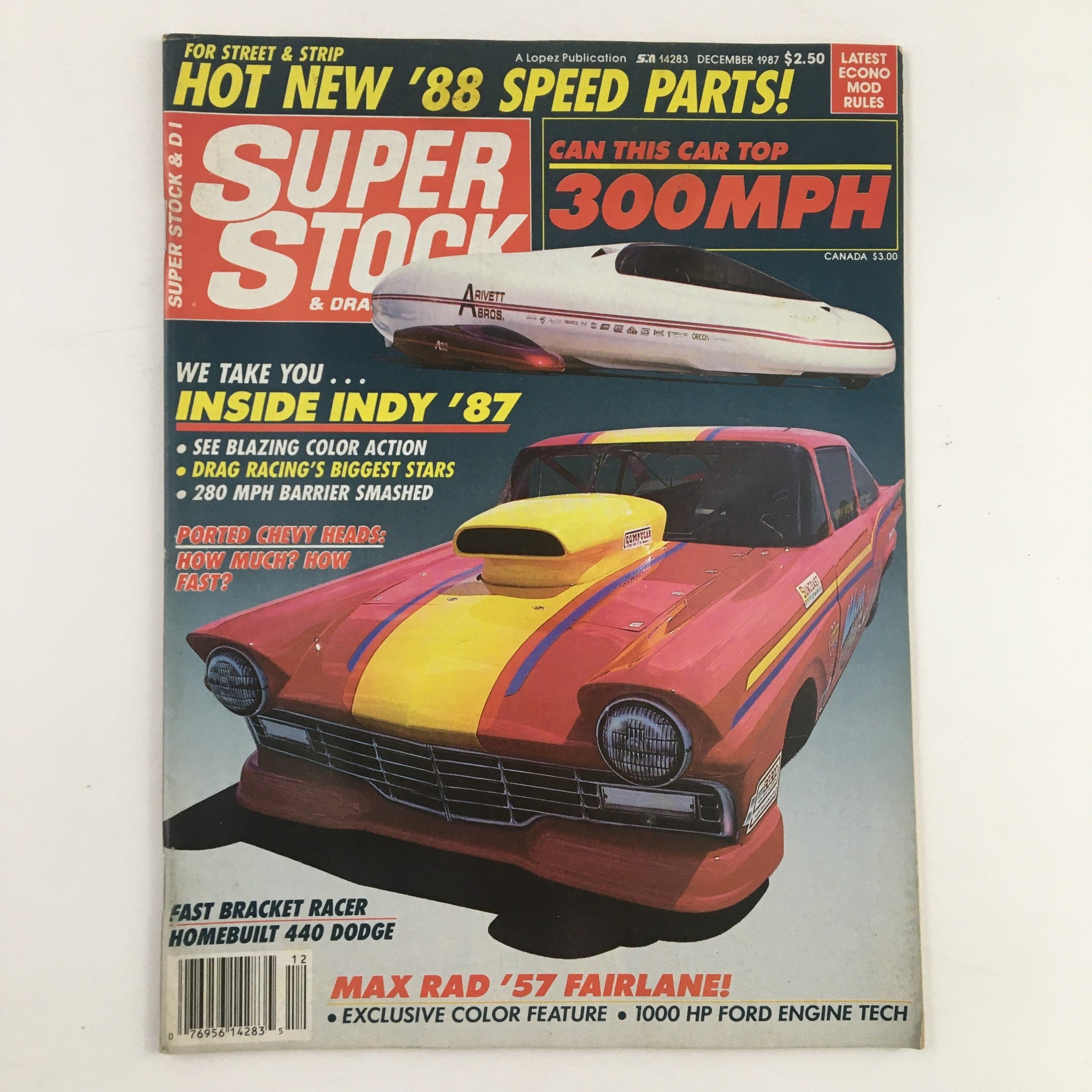 Cover of Super Stock Magazine December 1987 featuring a colorful drag racing car, a focus on automotive speed with the headline 'Can This Car Top 300 MPH?' and highlights of racing events.