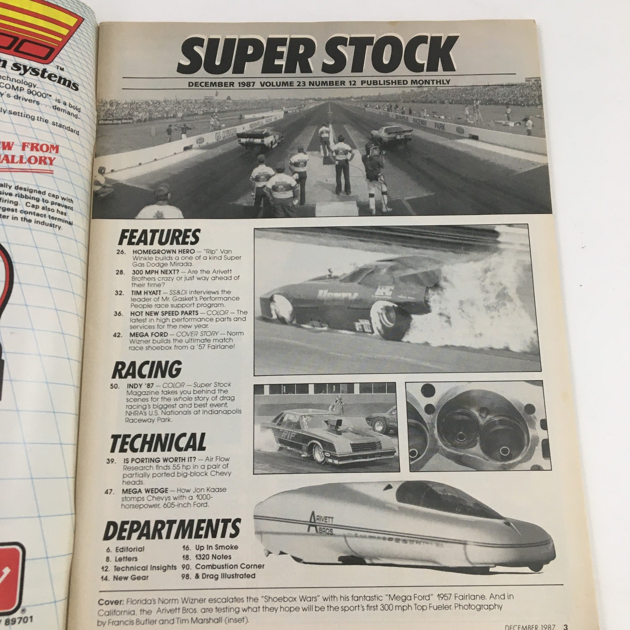Inside page of Super Stock Magazine December 1987 displaying features on racing and automotive technology, including articles about 300 MPH drag racing and the 'Shoebox Wars' led by Norm Wizner.