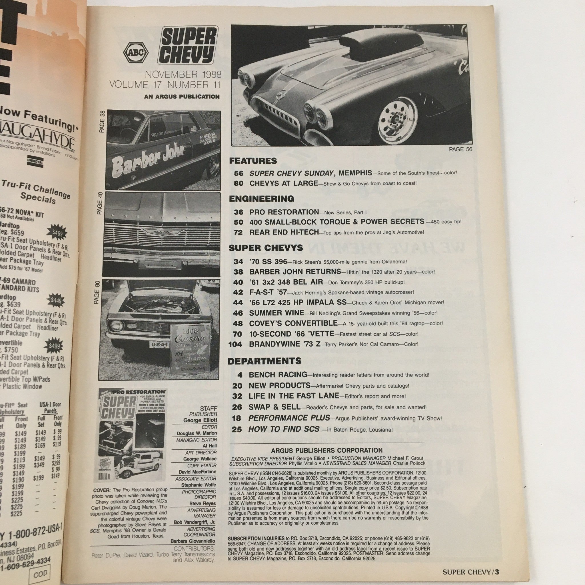 Interior page of Super Chevy Magazine November 1988, highlighting contents including '400 Small Block Torque & Power Secrets' and vehicle features, alongside images of classic Chevy cars and detailed engineering articles.