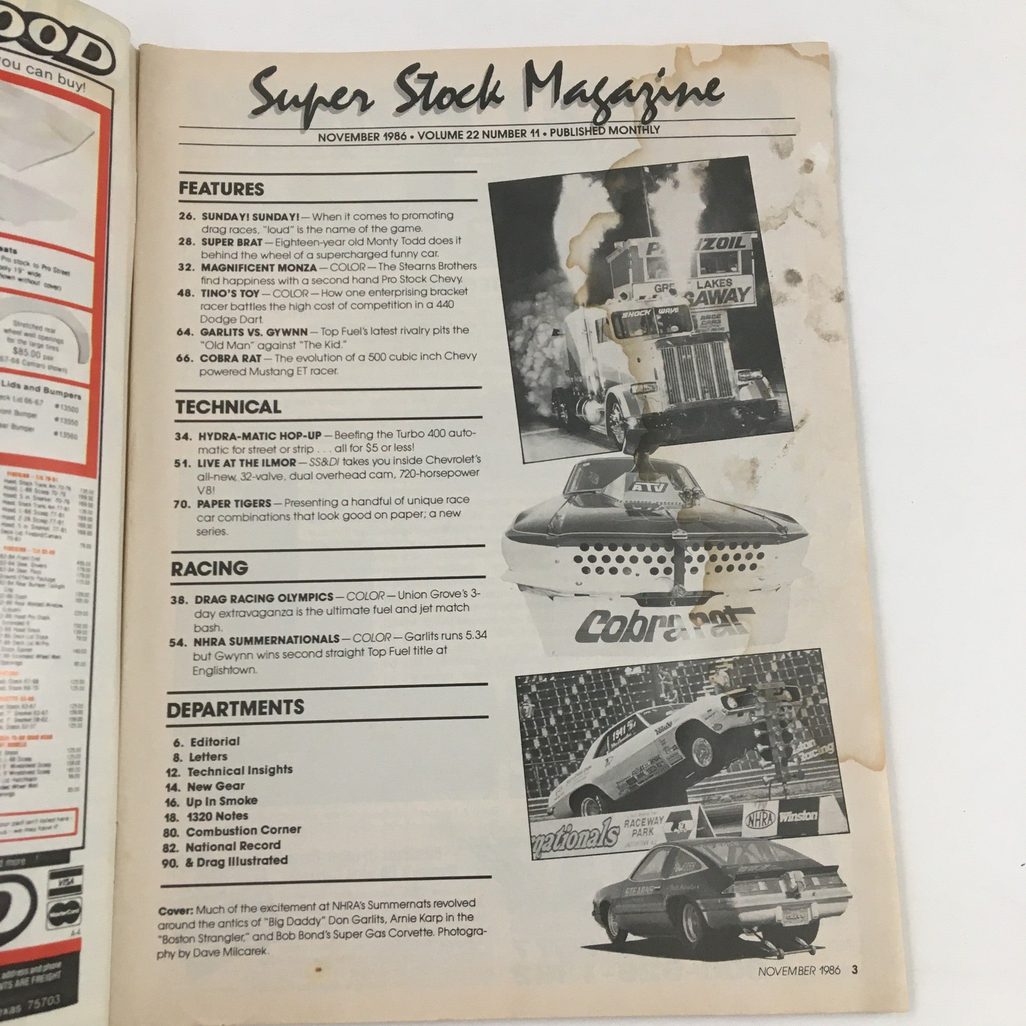 Cover page of Super Stock Magazine November 1986, showcasing features on drag racing and vehicles with a focus on Big Daddy Don Garlits.