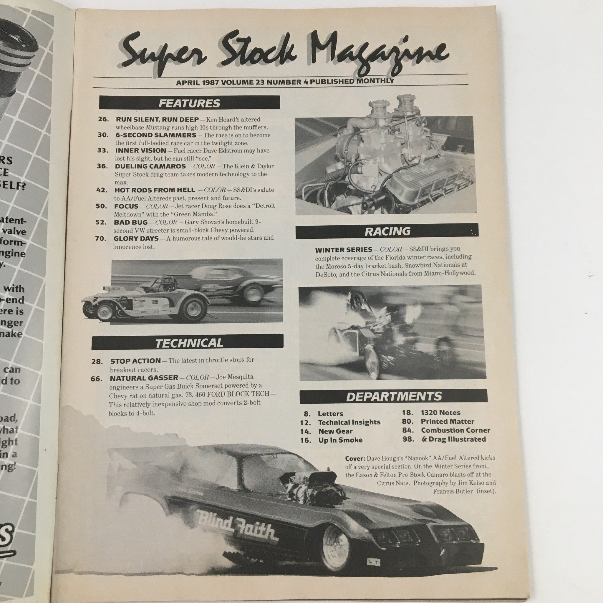 Cover page of Super Stock Magazine April 1987 featuring featured articles, including insights on drag racing and automotive technology. The magazine highlights Dave Hough's 'Nanook' AA Fuel Altered.